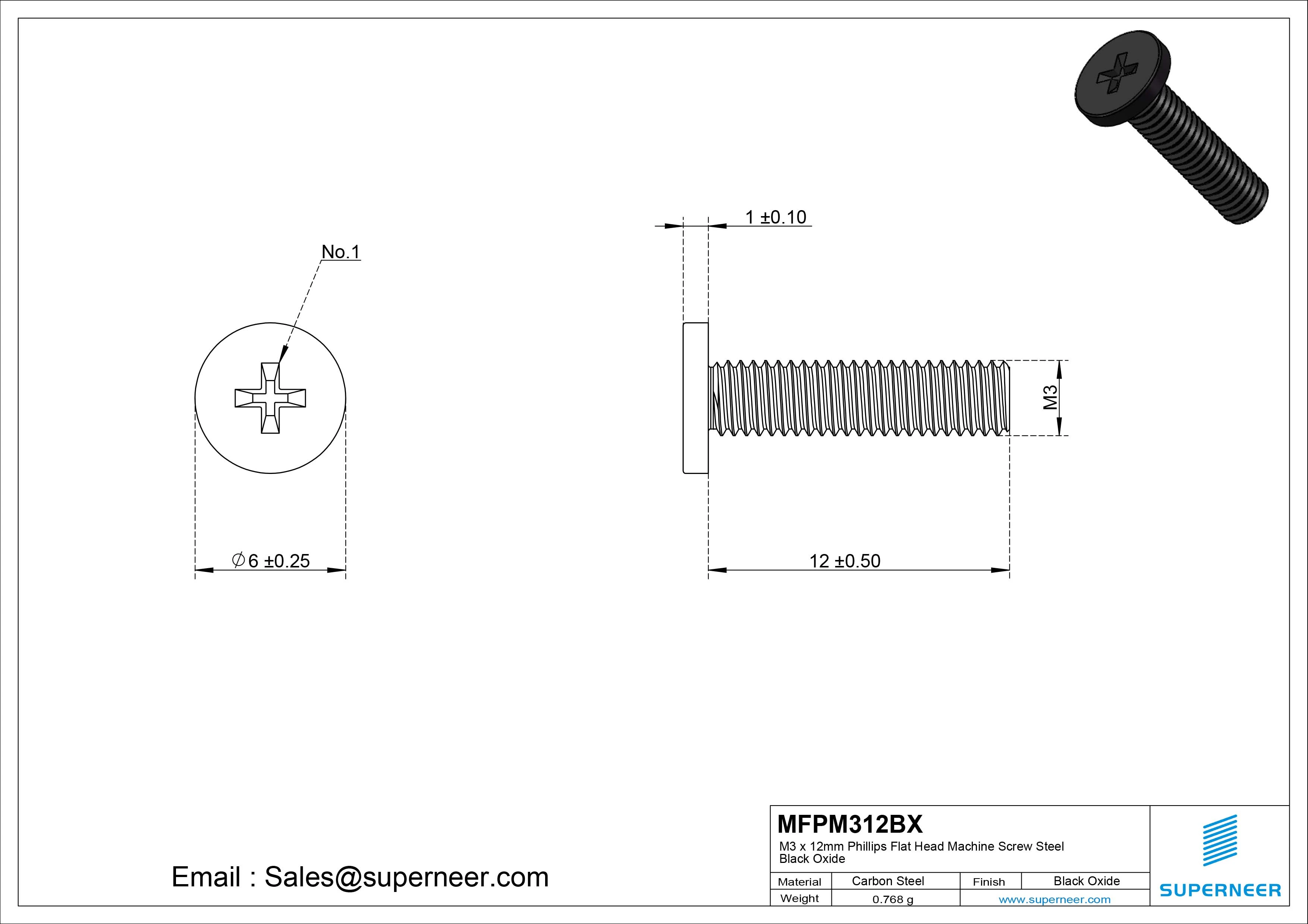 M3 x 12mm Phillips Flat Head Machine Screw Steel Black Oxide