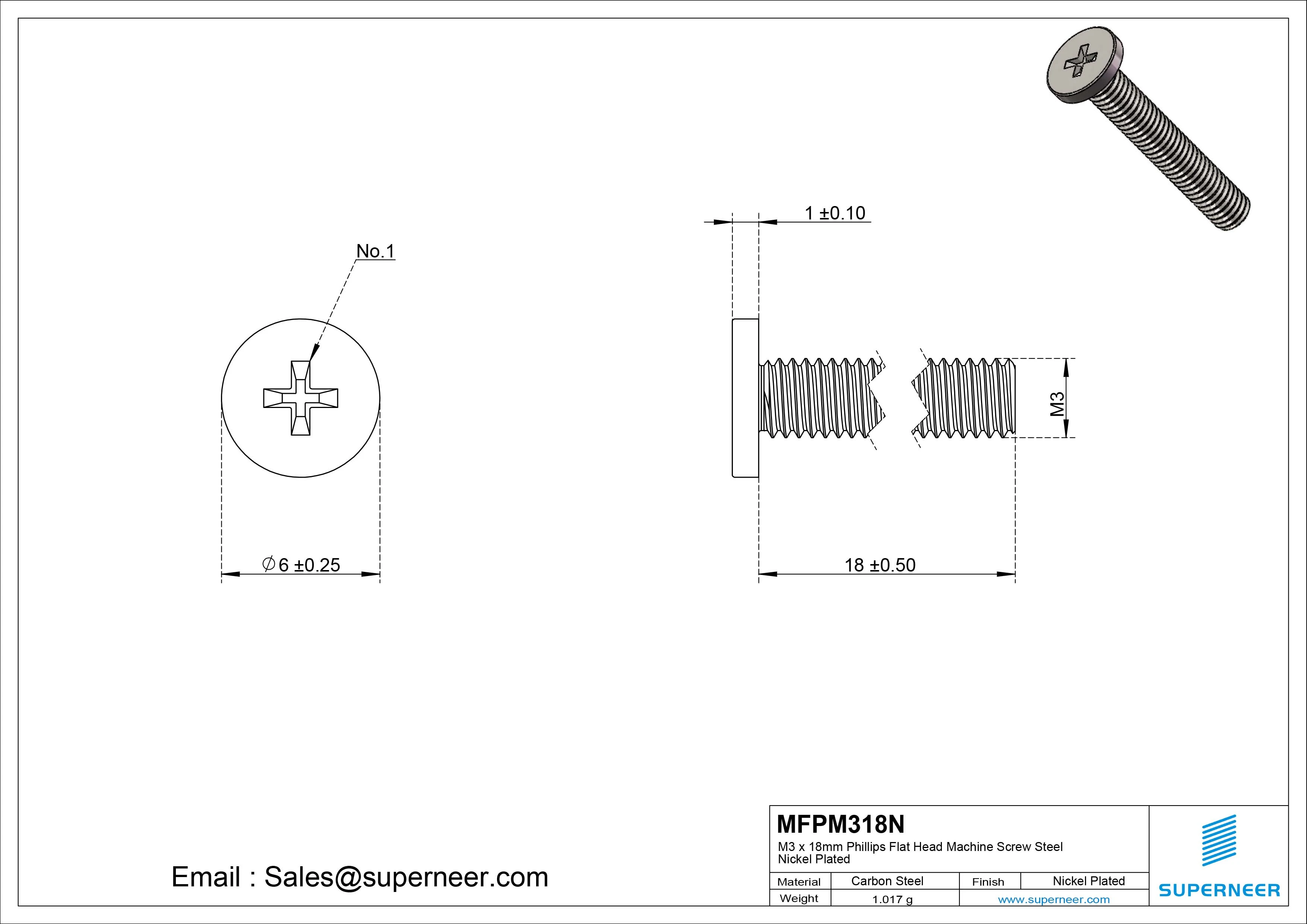 M3 x 18mm Phillips Flat Head Machine Screw Carbon Steel Nickel Plated 