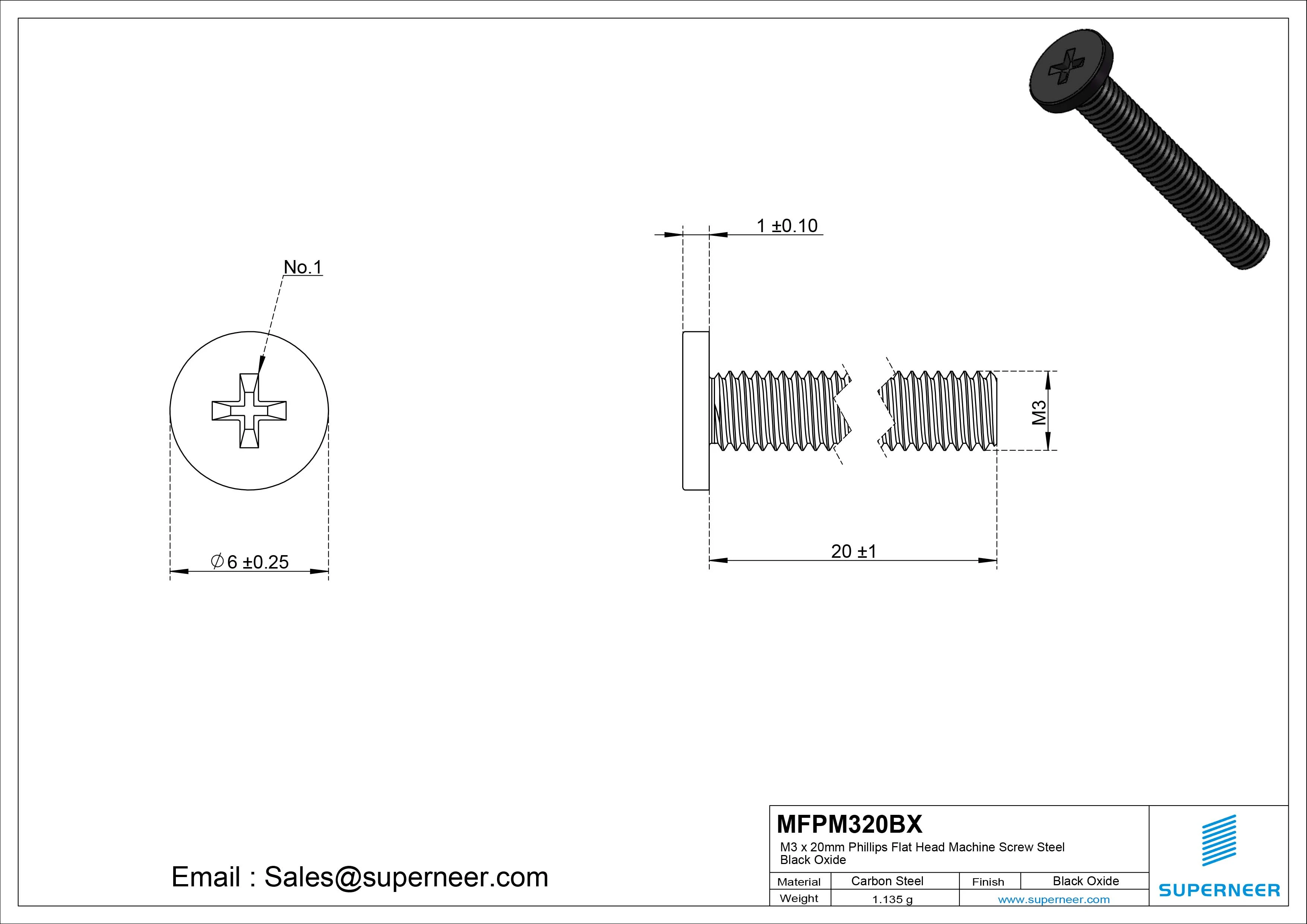 M3 x 20mm Phillips Flat Head Machine Screw Steel Black Oxide