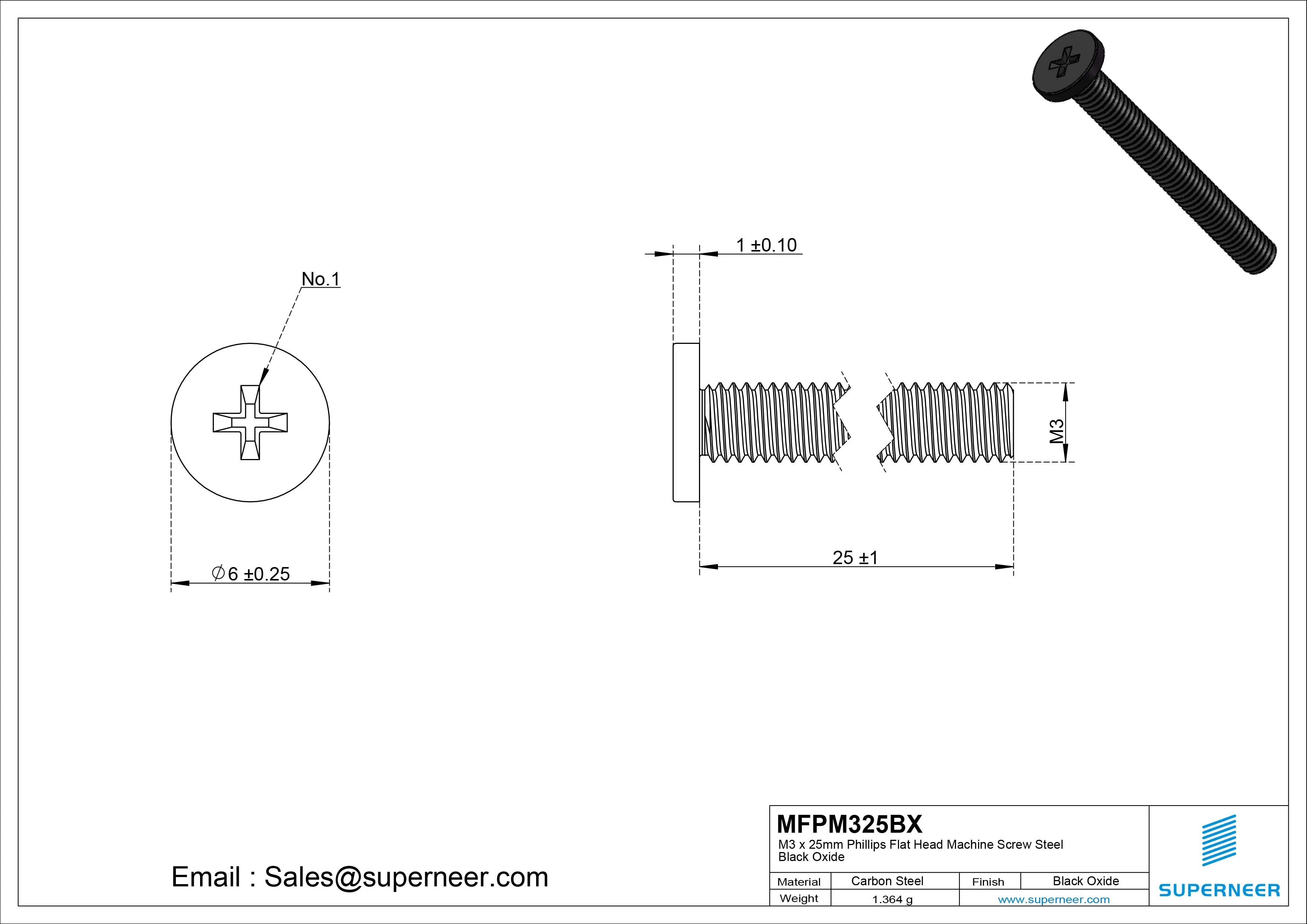M3 x 25mm Phillips Flat Head Machine Screw Steel Black Oxide