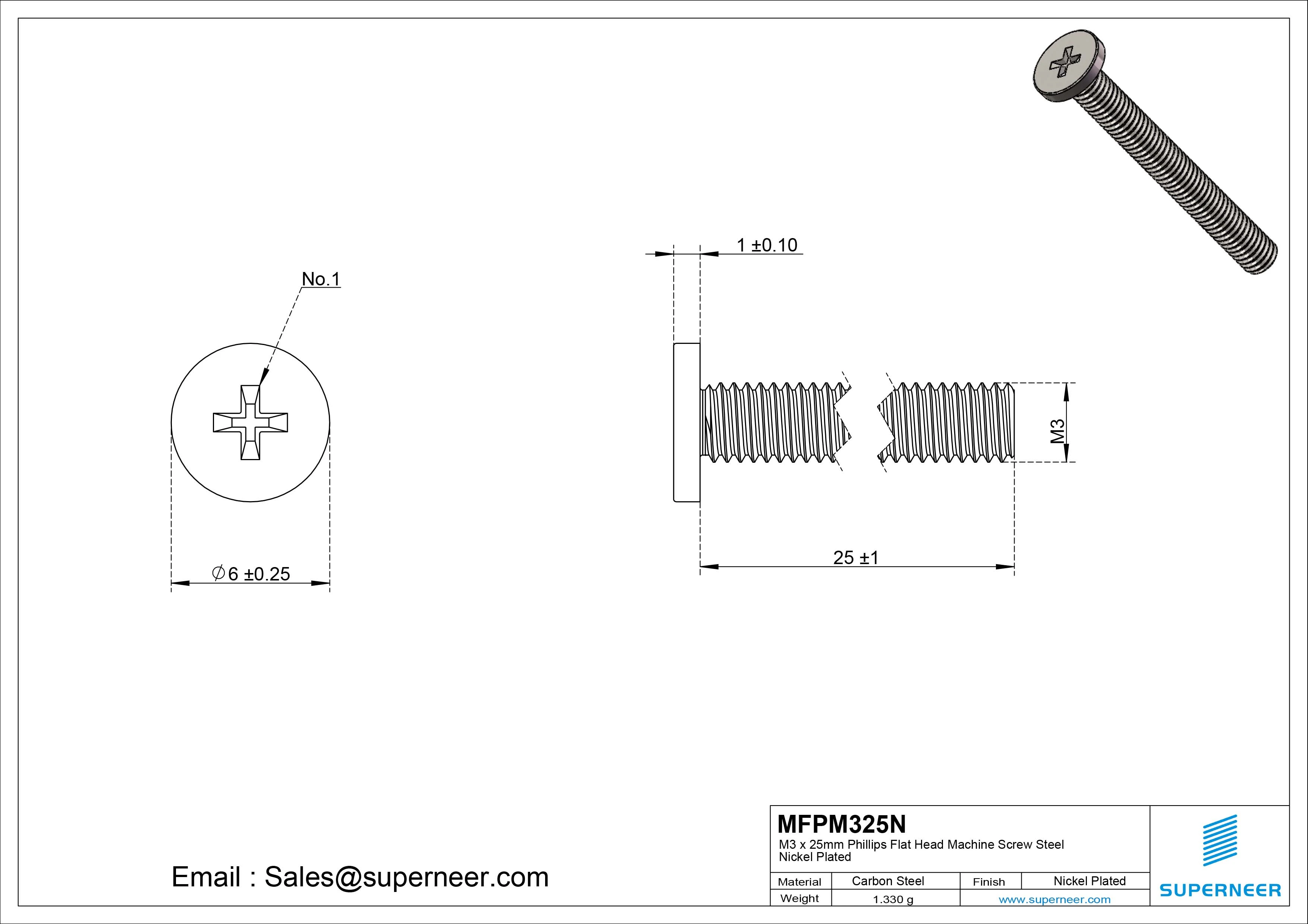 M3 x 25mm Phillips Flat Head Machine Screw Carbon Steel Nickel Plated 