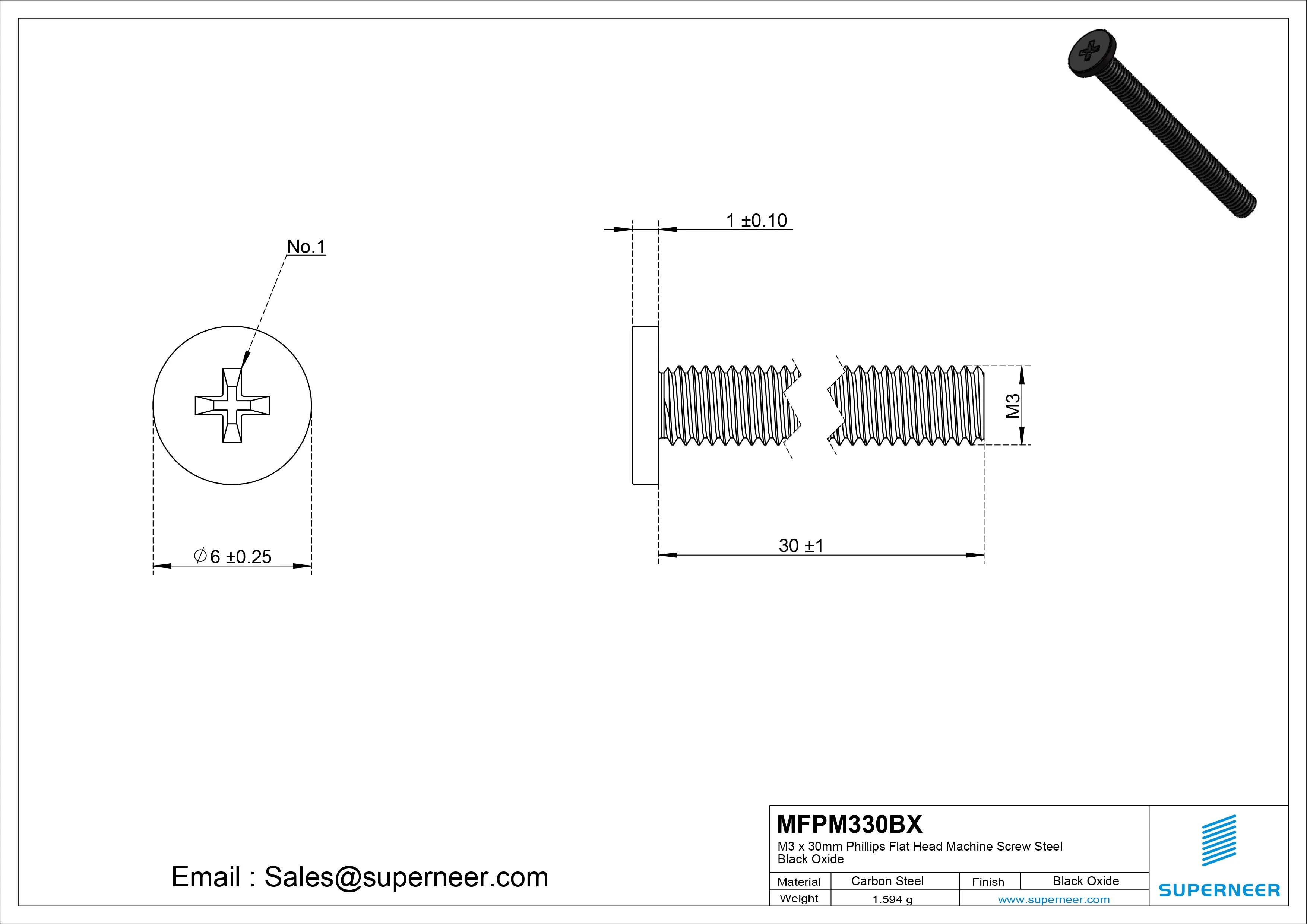 M3 x 30mm Phillips Flat Head Machine Screw Steel Black Oxide