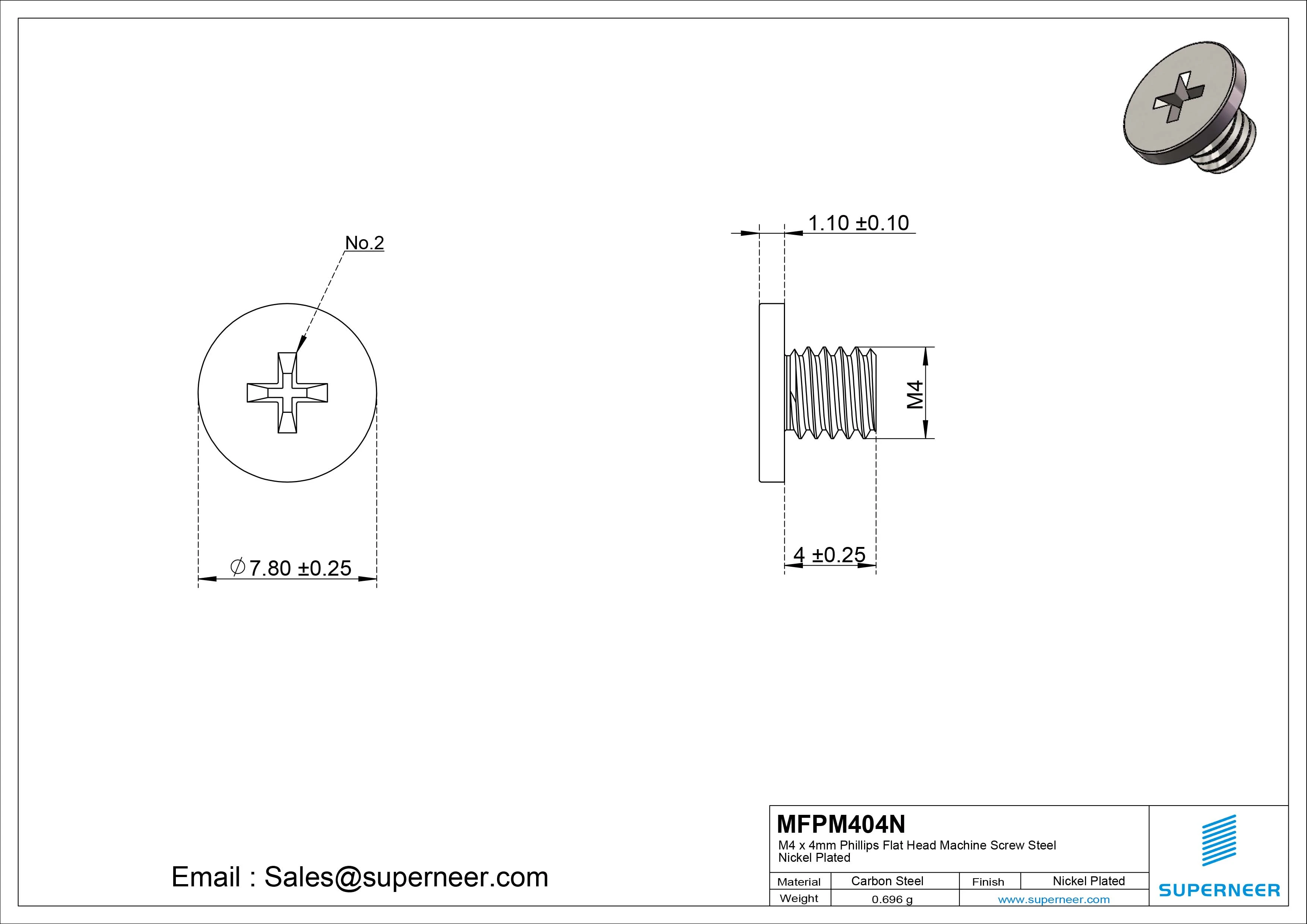 M4 x 4mm Phillips Flat Head Machine Screw Carbon Steel Nickel Plated 