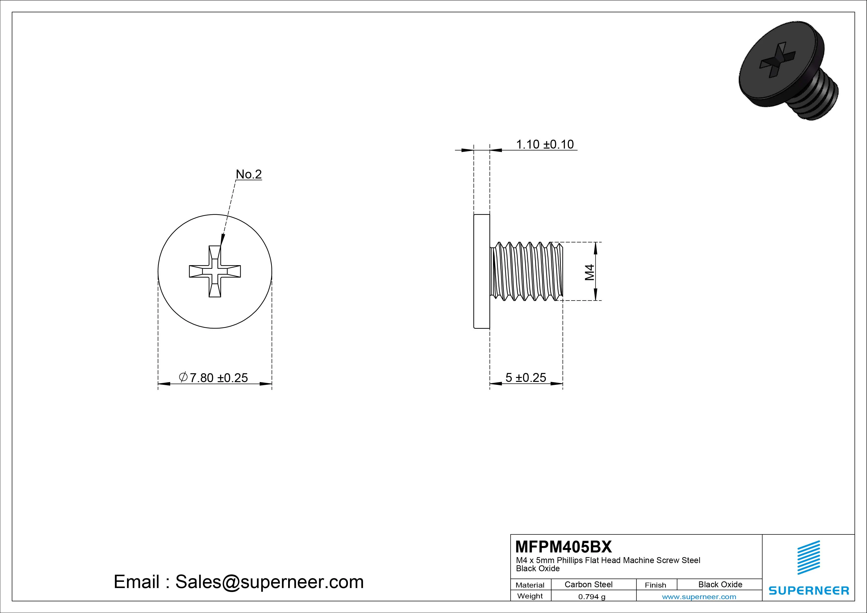 M4 x 5mm Phillips Flat Head Machine Screw Steel Black Oxide
