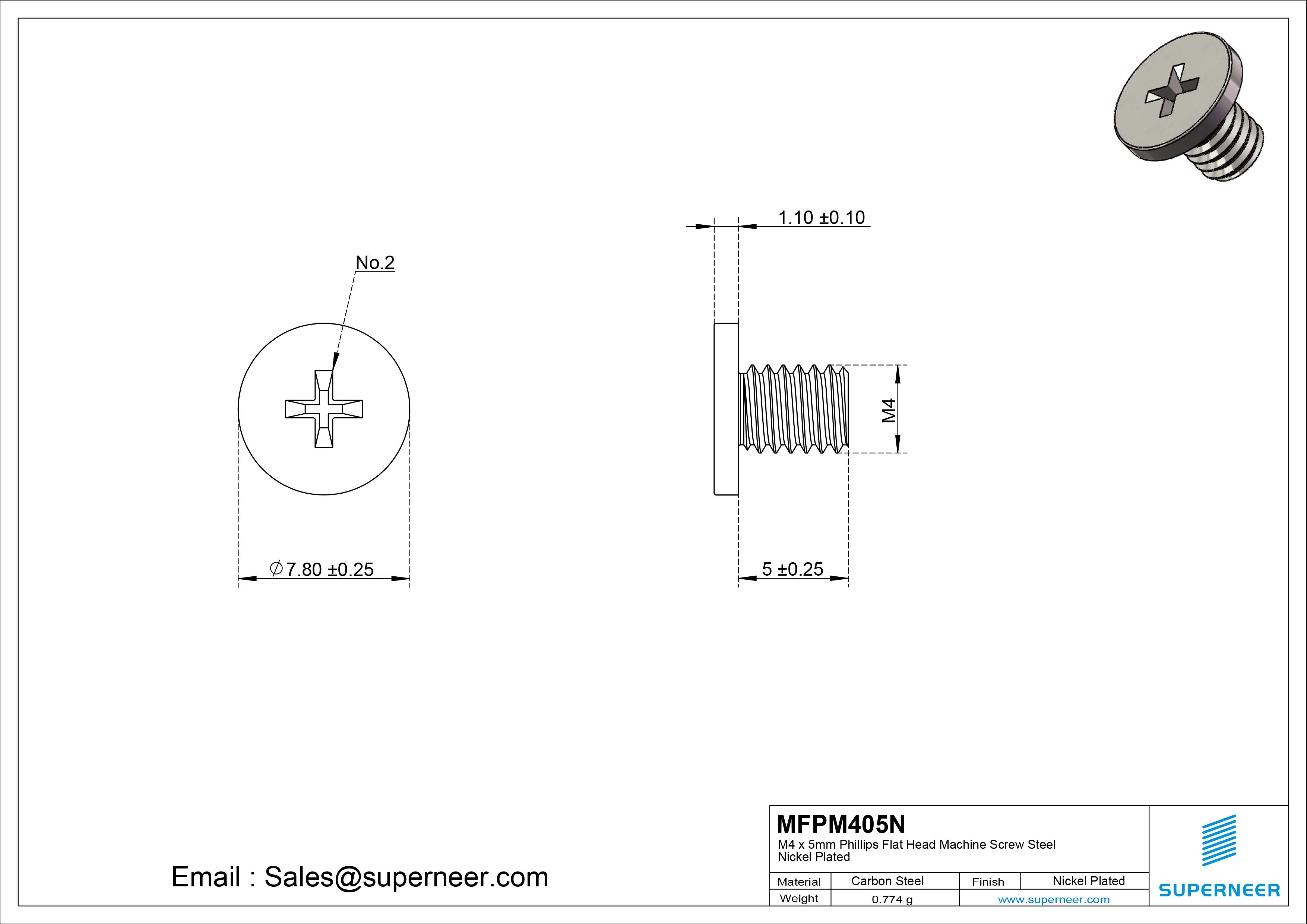 M4 x 5mm Phillips Flat Head Machine Screw Carbon Steel Nickel Plated 