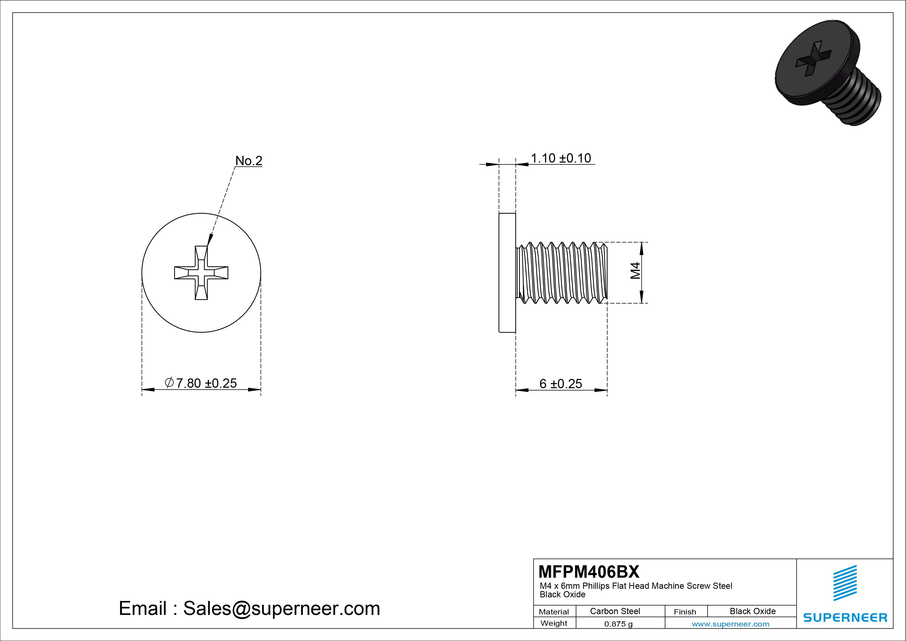 M4 x 6mm Phillips Flat Head Machine Screw Steel Black Oxide