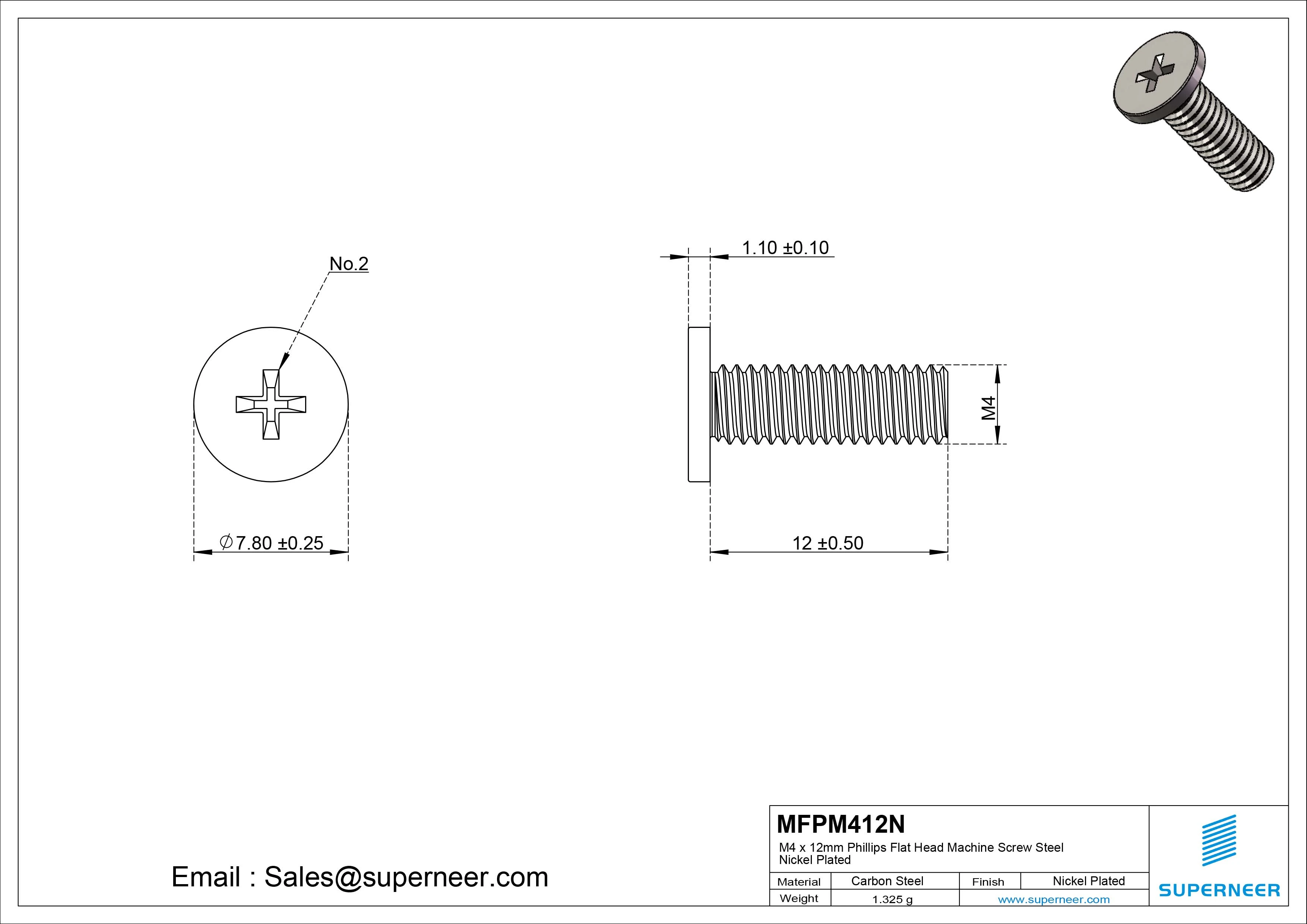 M4 x 12mm Phillips Flat Head Machine Screw Carbon Steel Nickel Plated 