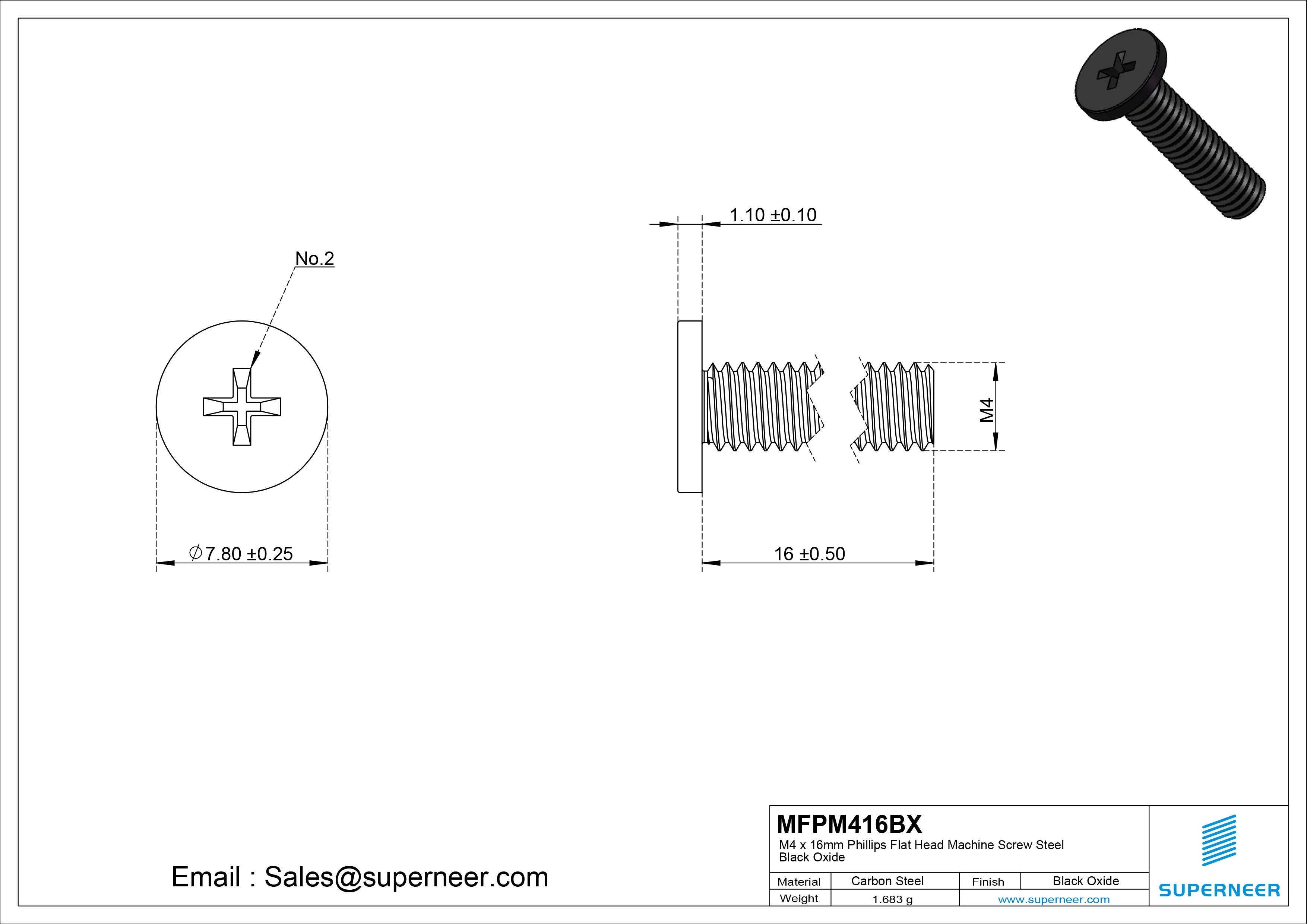 M4 x 16mm Phillips Flat Head Machine Screw Steel Black Oxide