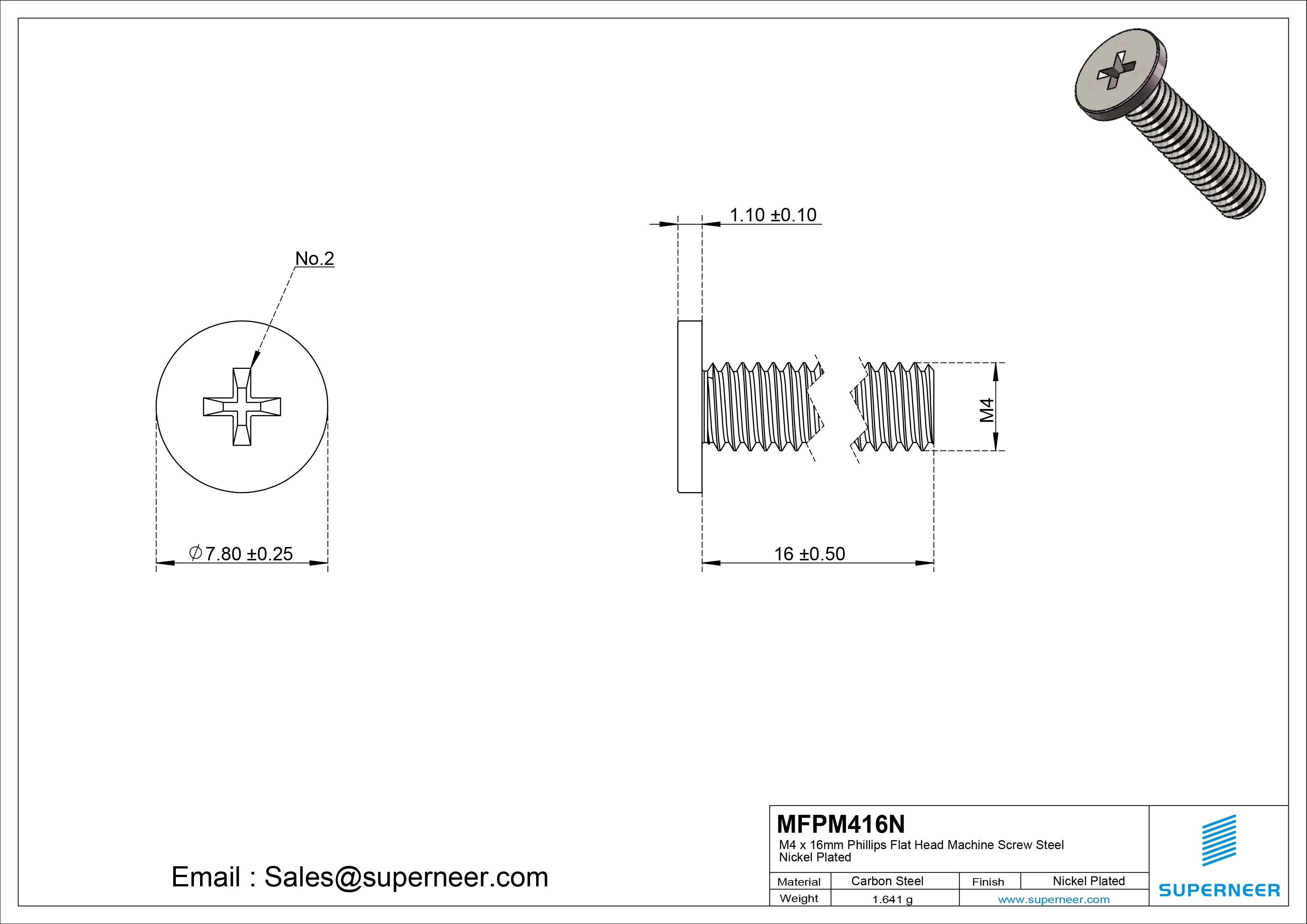 M4 x 16mm Phillips Flat Head Machine Screw Carbon Steel Nickel Plated 