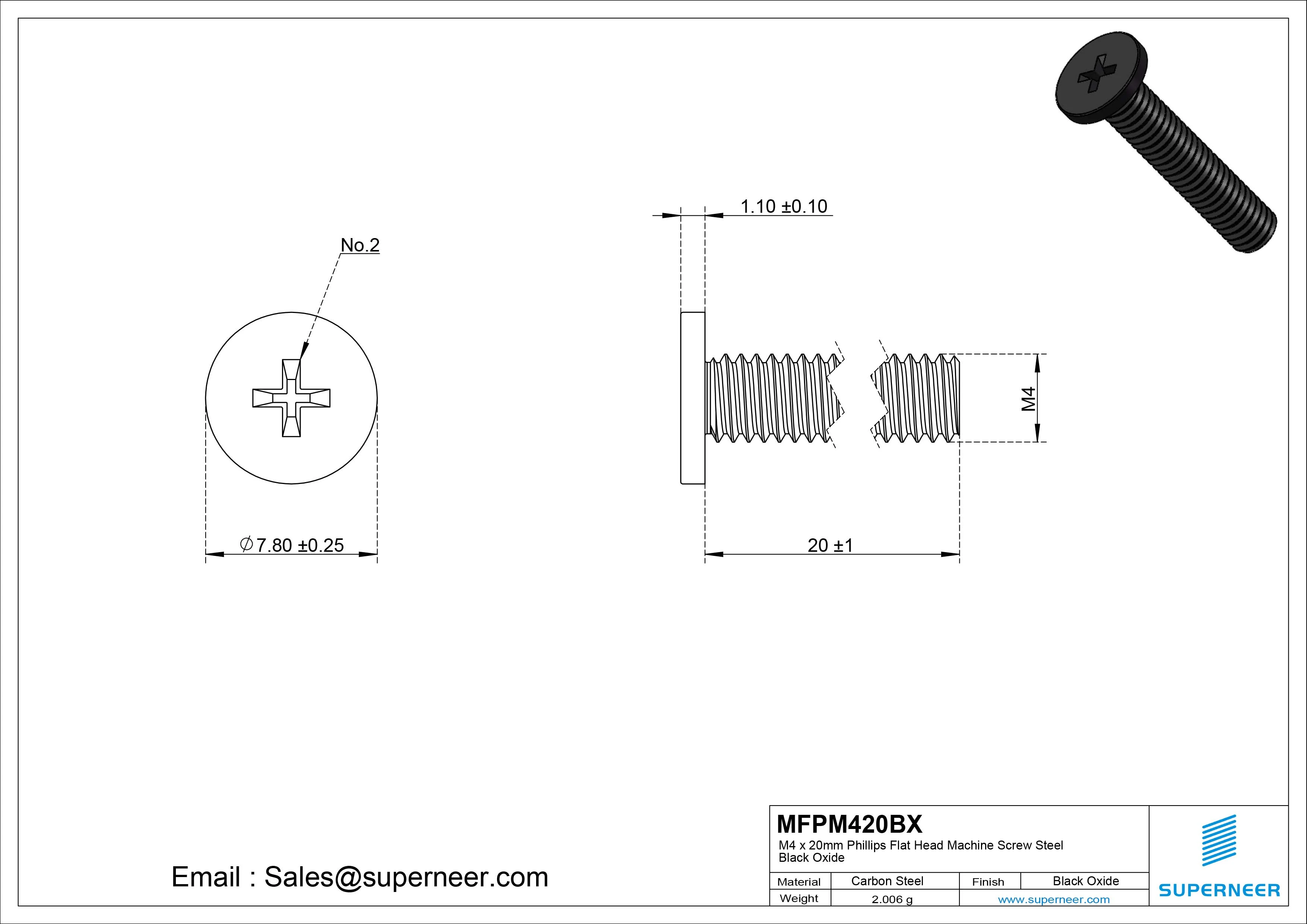 M4 x 20mm Phillips Flat Head Machine Screw Steel Black Oxide