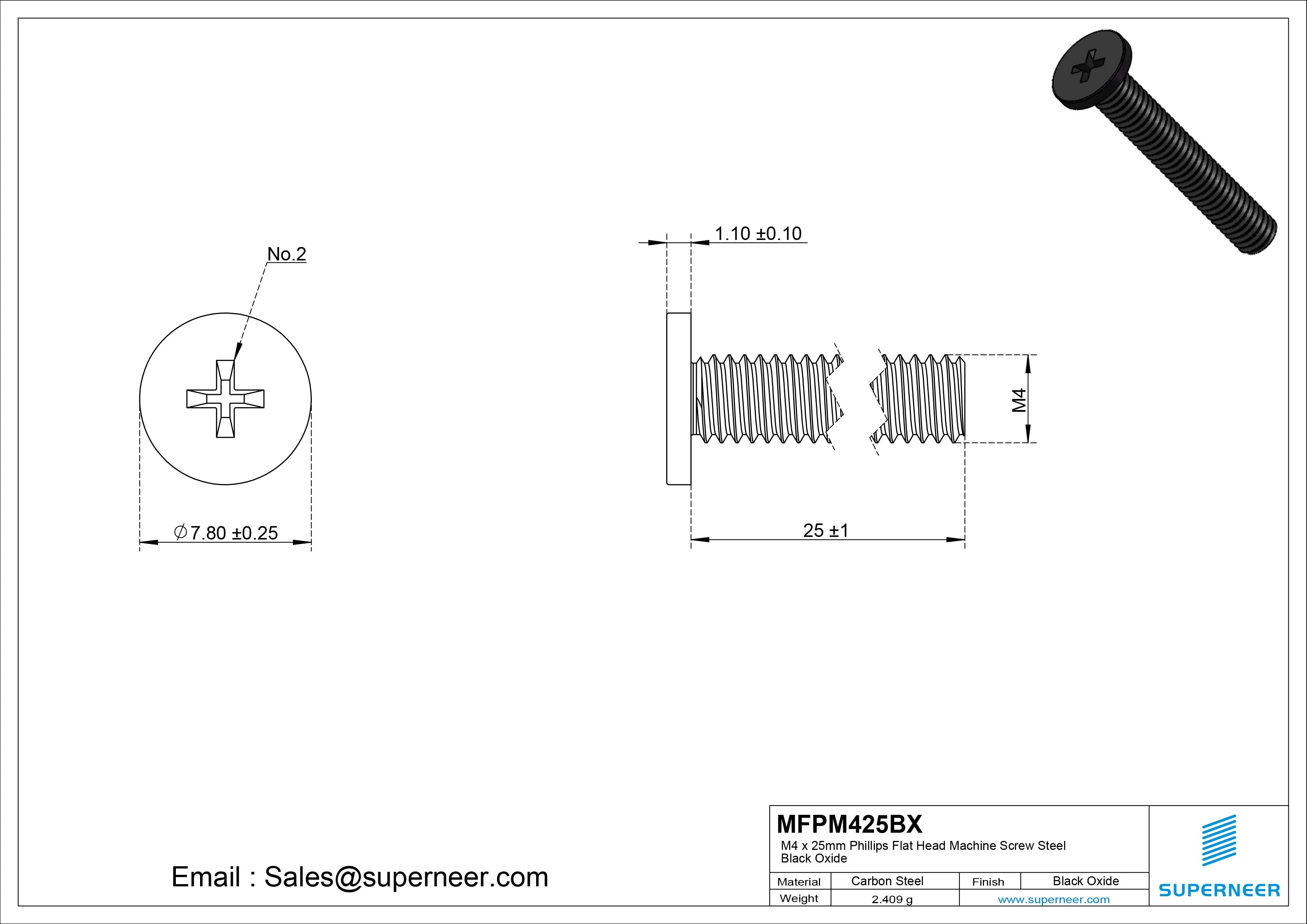 M4 x 25mm Phillips Flat Head Machine Screw Steel Black Oxide
