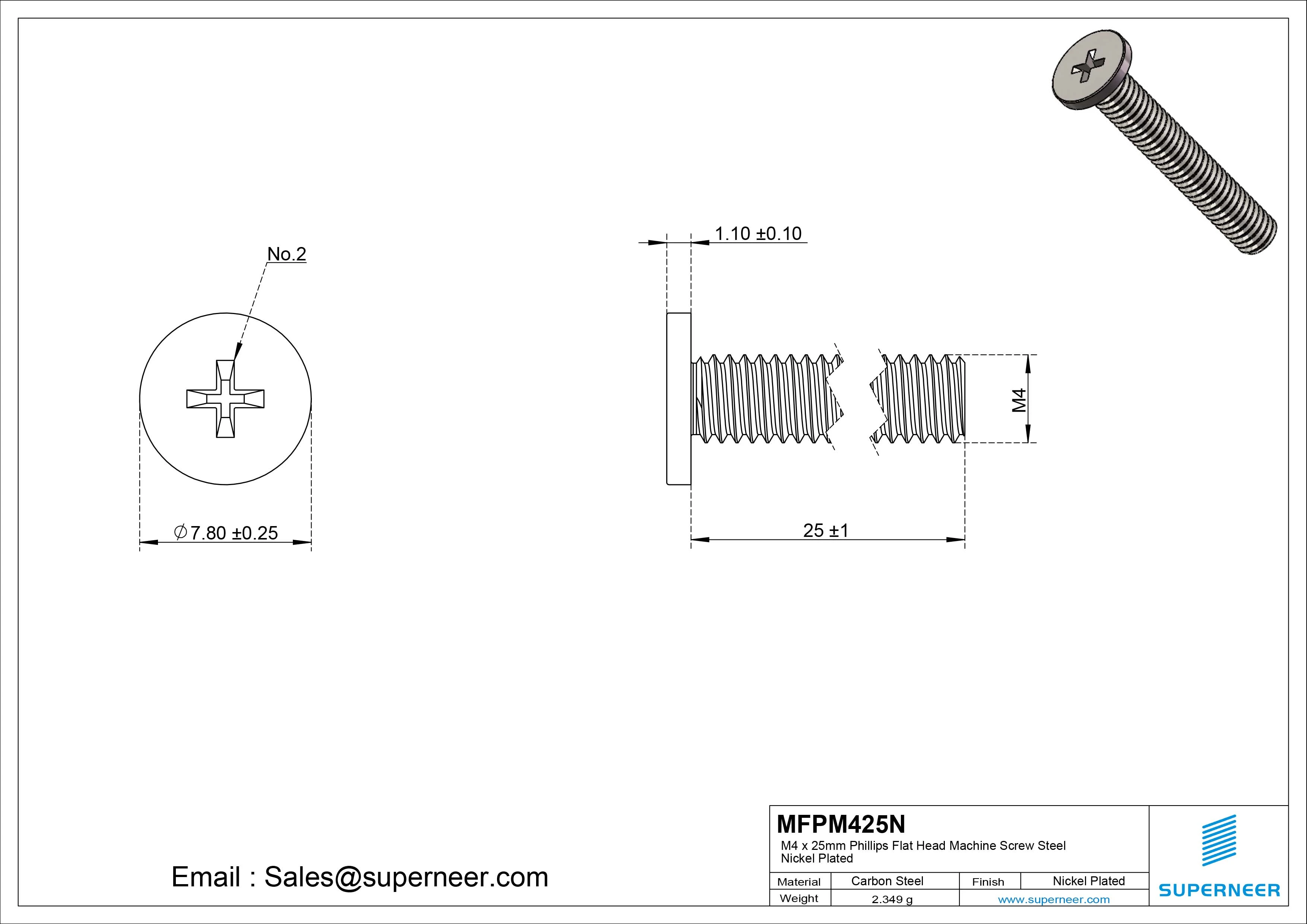M4 x 25mm Phillips Flat Head Machine Screw Carbon Steel Nickel Plated 