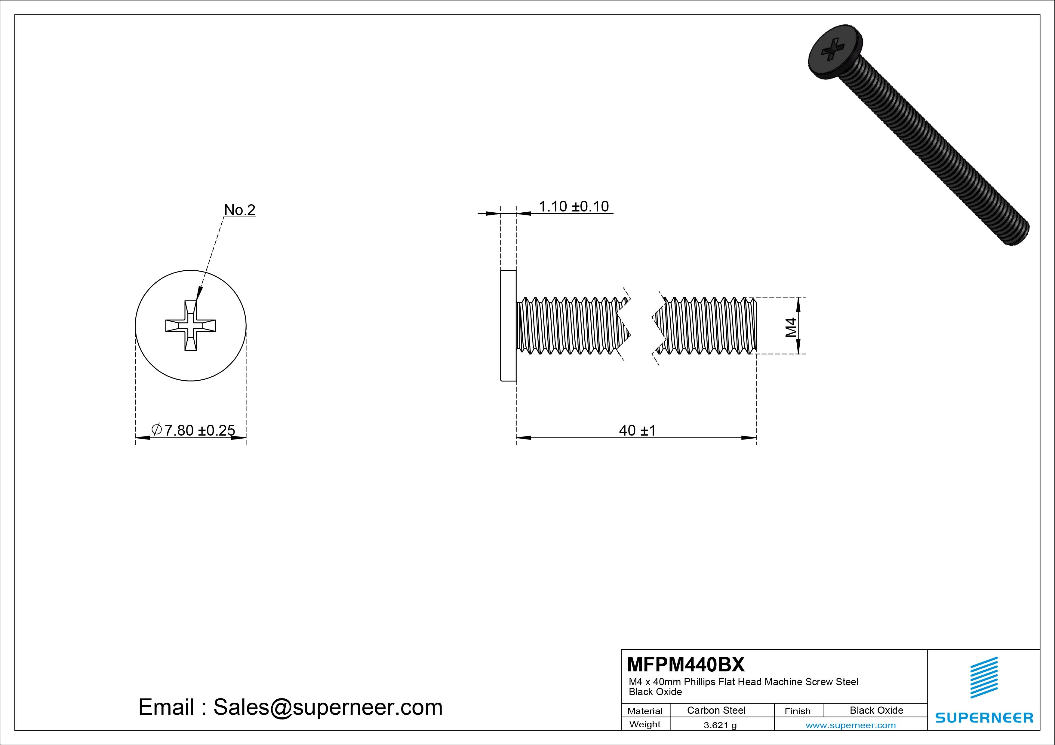 M4 x 40mm Phillips Flat Head Machine Screw Steel Black Oxide