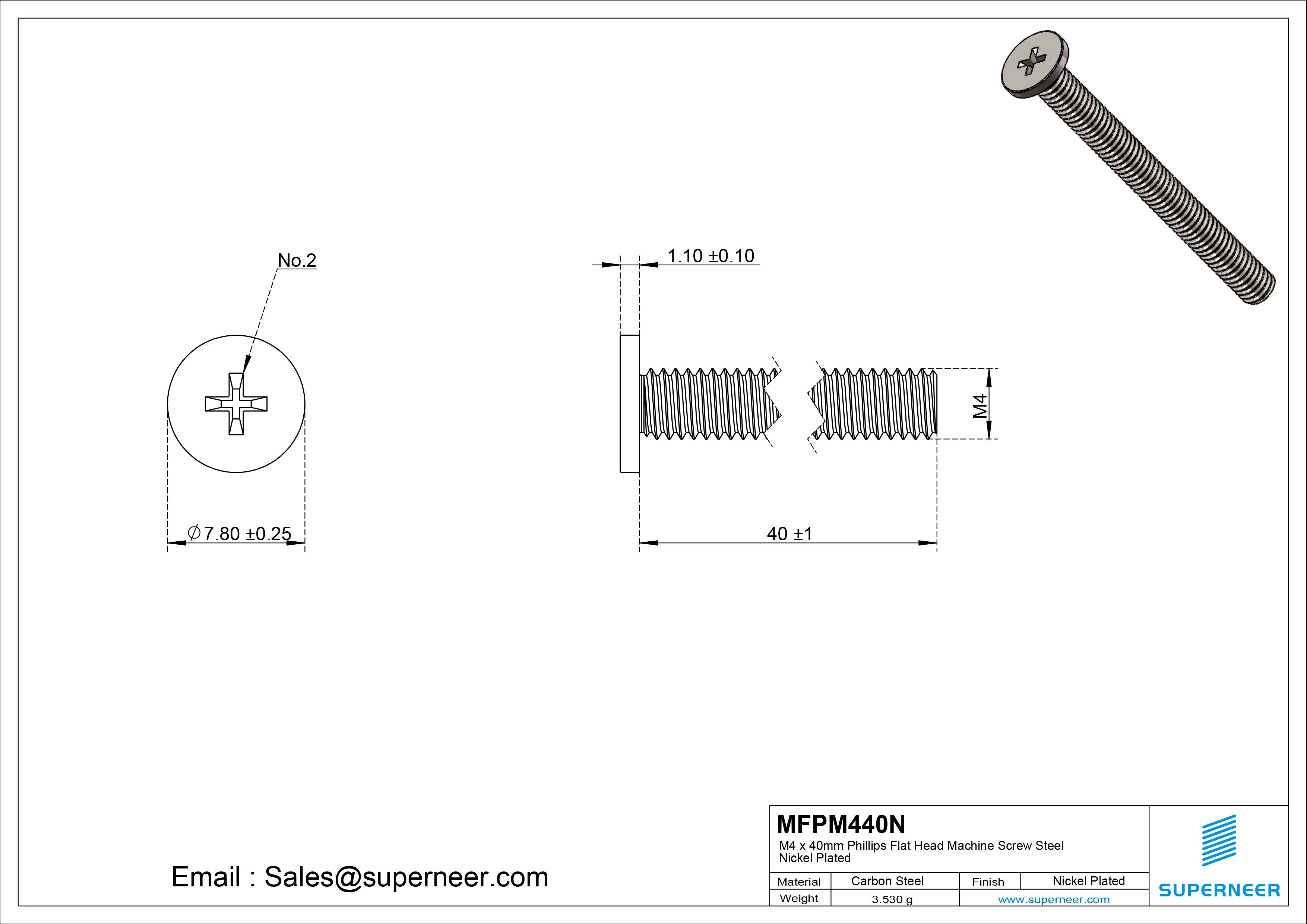 M4 x 40mm Phillips Flat Head Machine Screw Carbon Steel Nickel Plated 