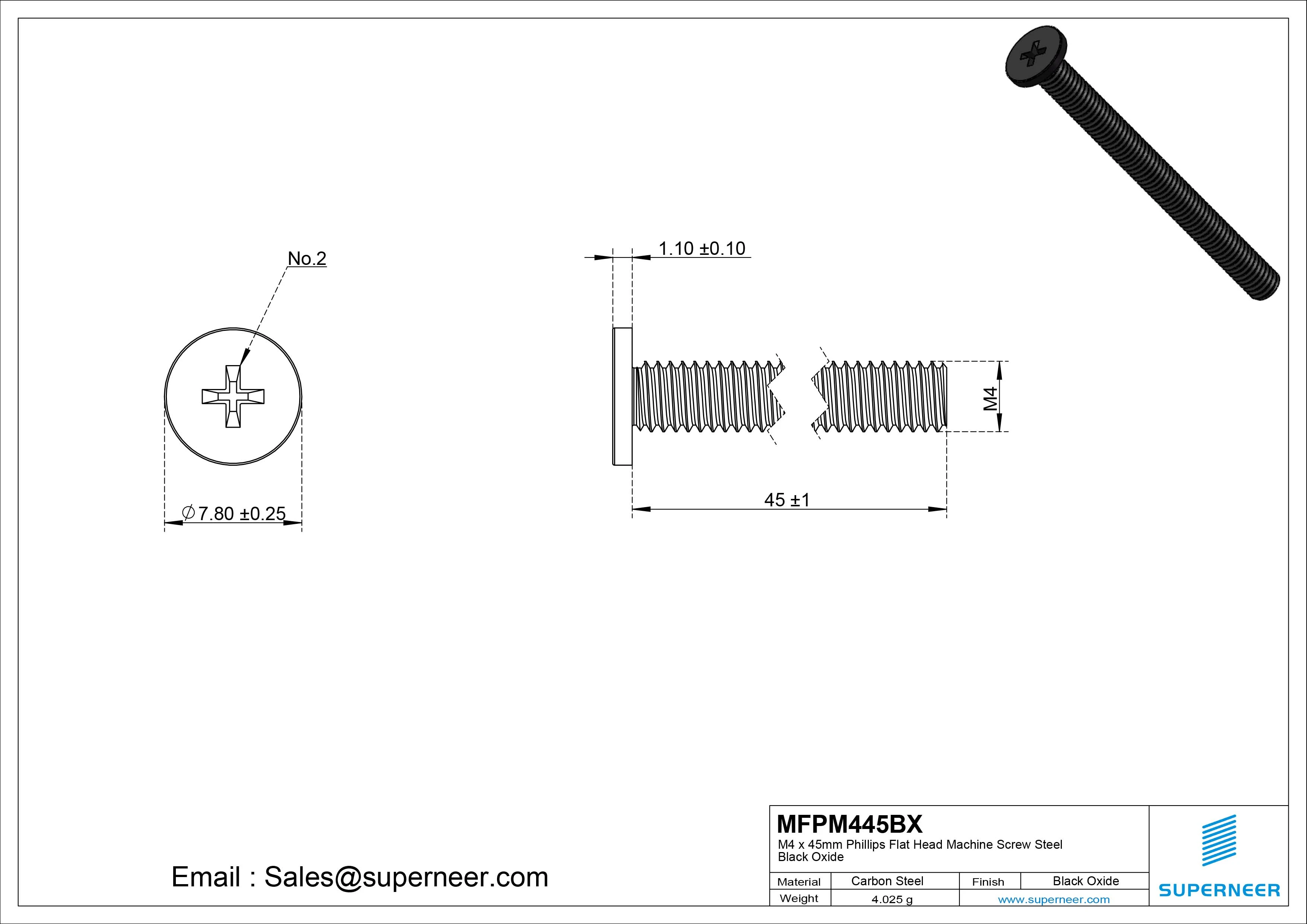 M4 x 45mm Phillips Flat Head Machine Screw Steel Black Oxide