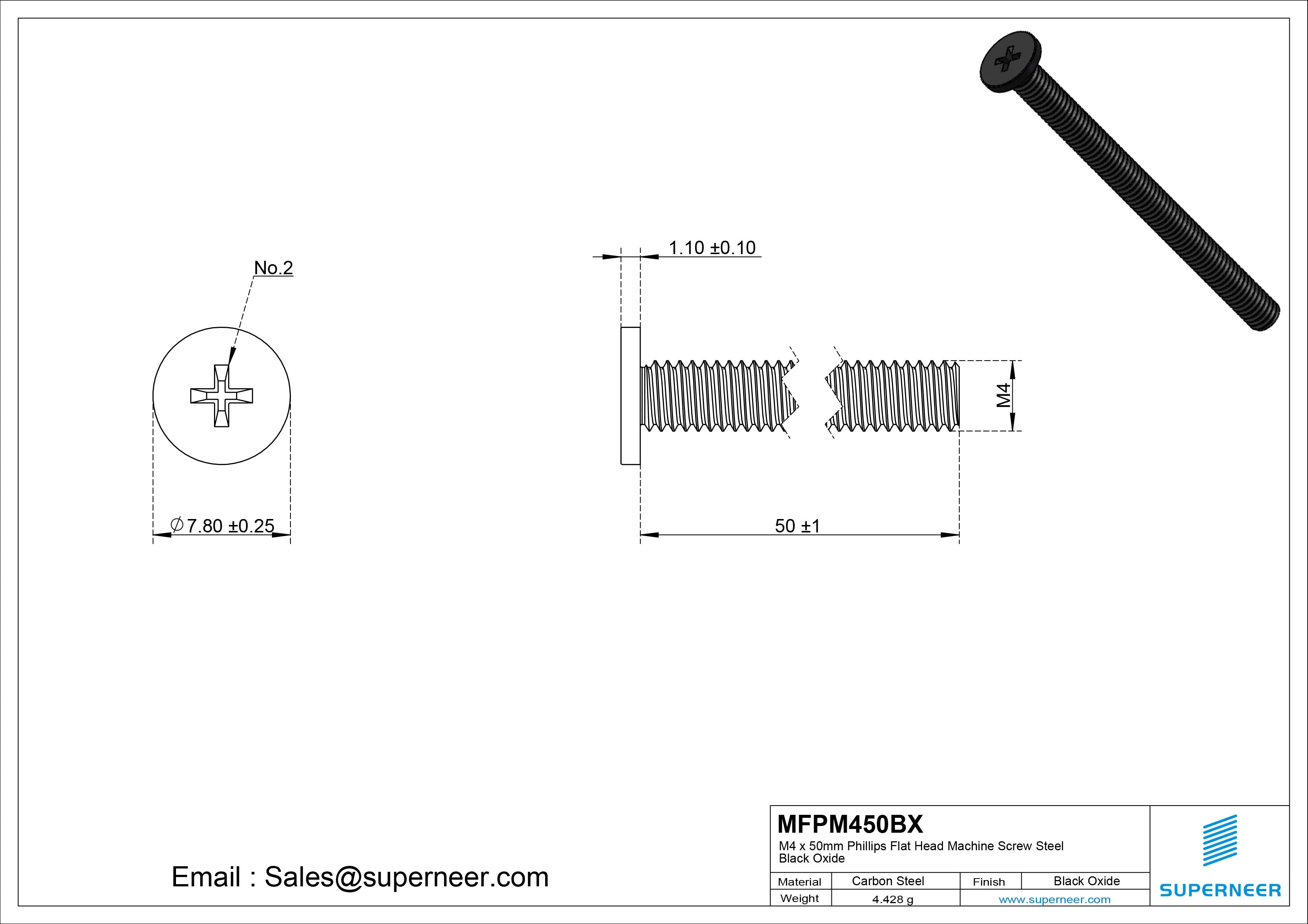 M4 x 50mm Phillips Flat Head Machine Screw Steel Black Oxide