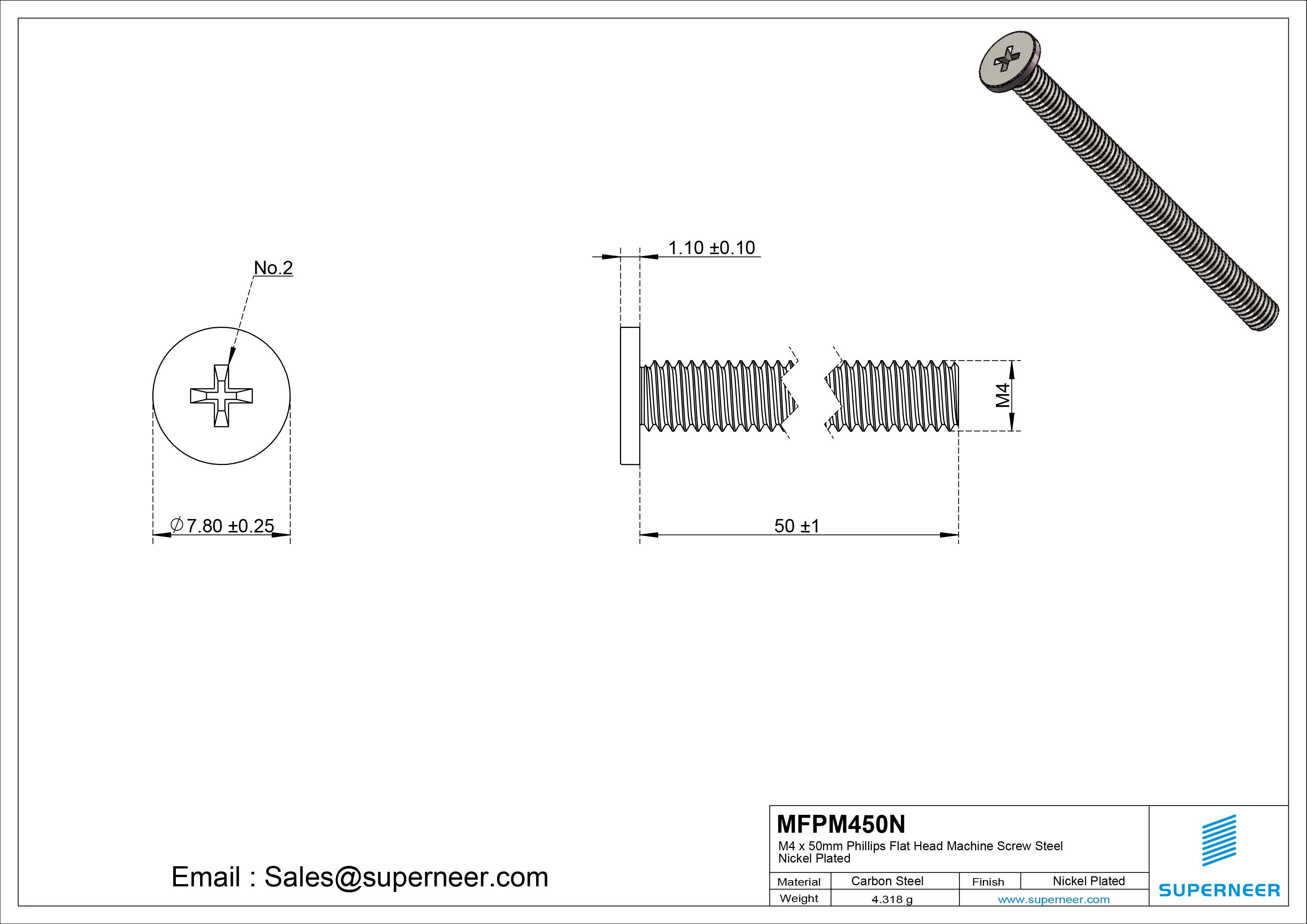 M4 x 50mm Phillips Flat Head Machine Screw Carbon Steel Nickel Plated 