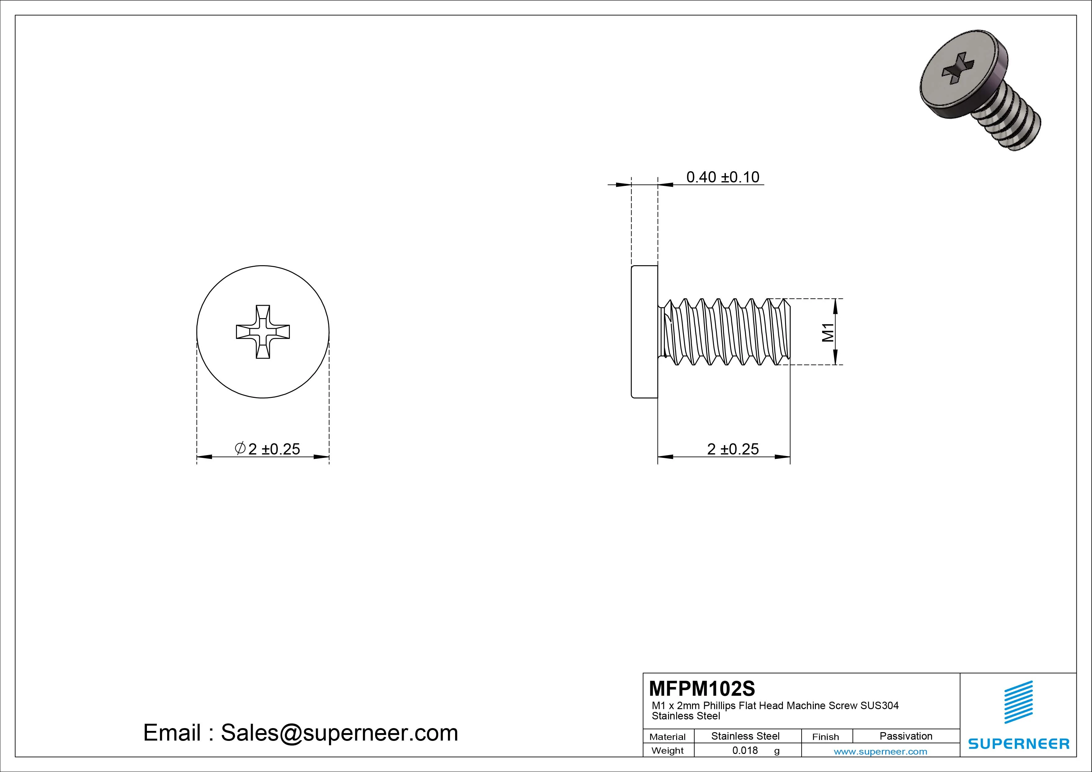M1 x 2mm Phillips Flat Head Machine Screw SUS304 Stainless Steel 