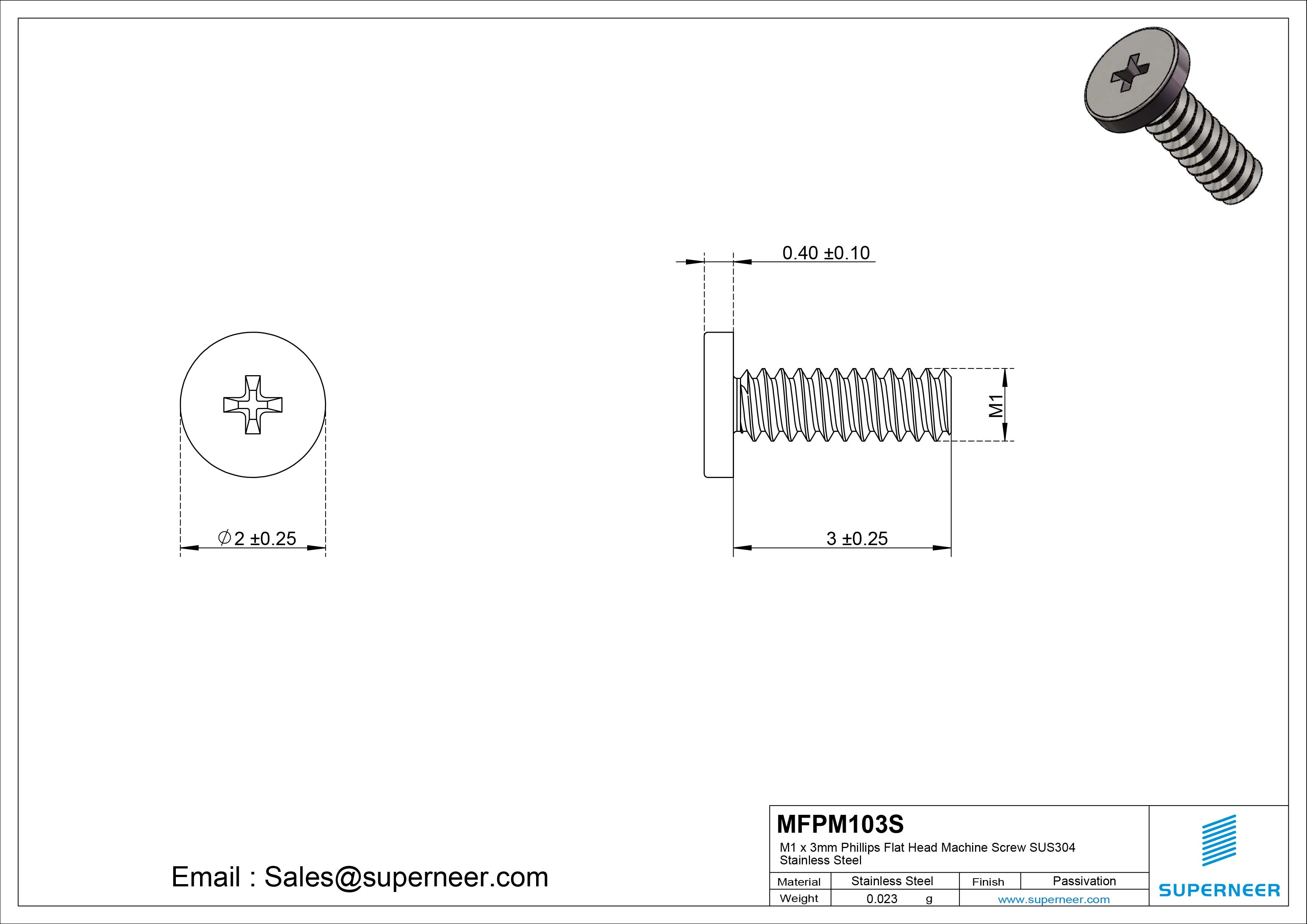 M1 x 3mm Phillips Flat Head Machine Screw SUS304 Stainless Steel 