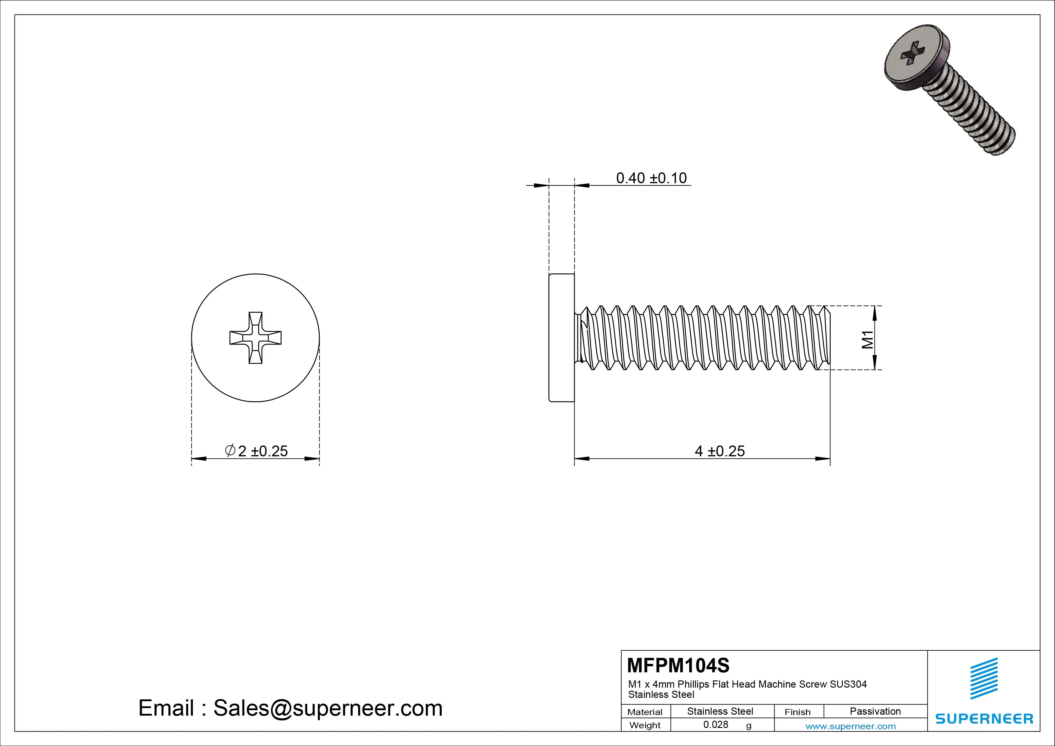 M1 x 4mm Phillips Flat Head Machine Screw SUS304 Stainless Steel 