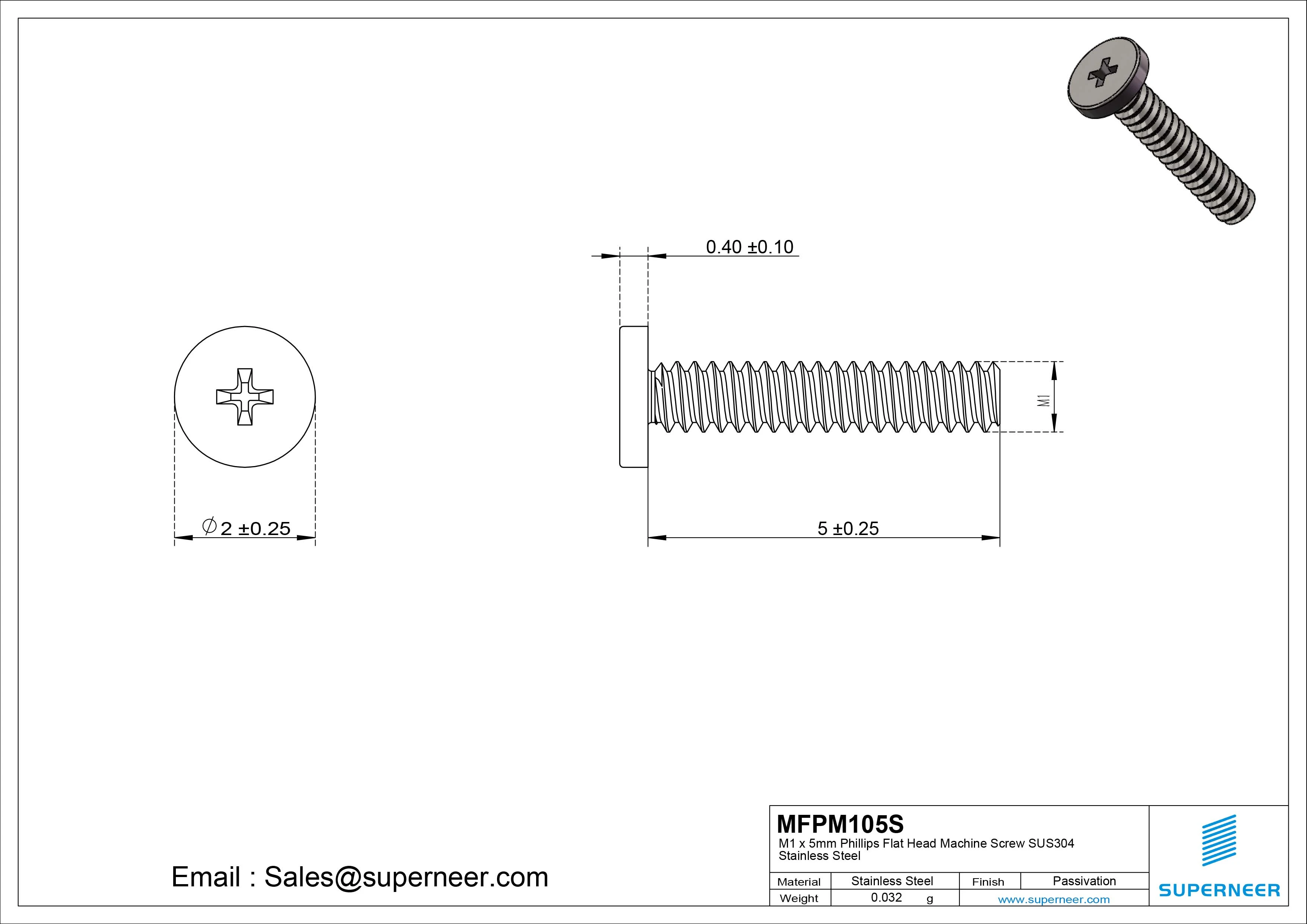 M1 x 5mm Phillips Flat Head Machine Screw SUS304 Stainless Steel 