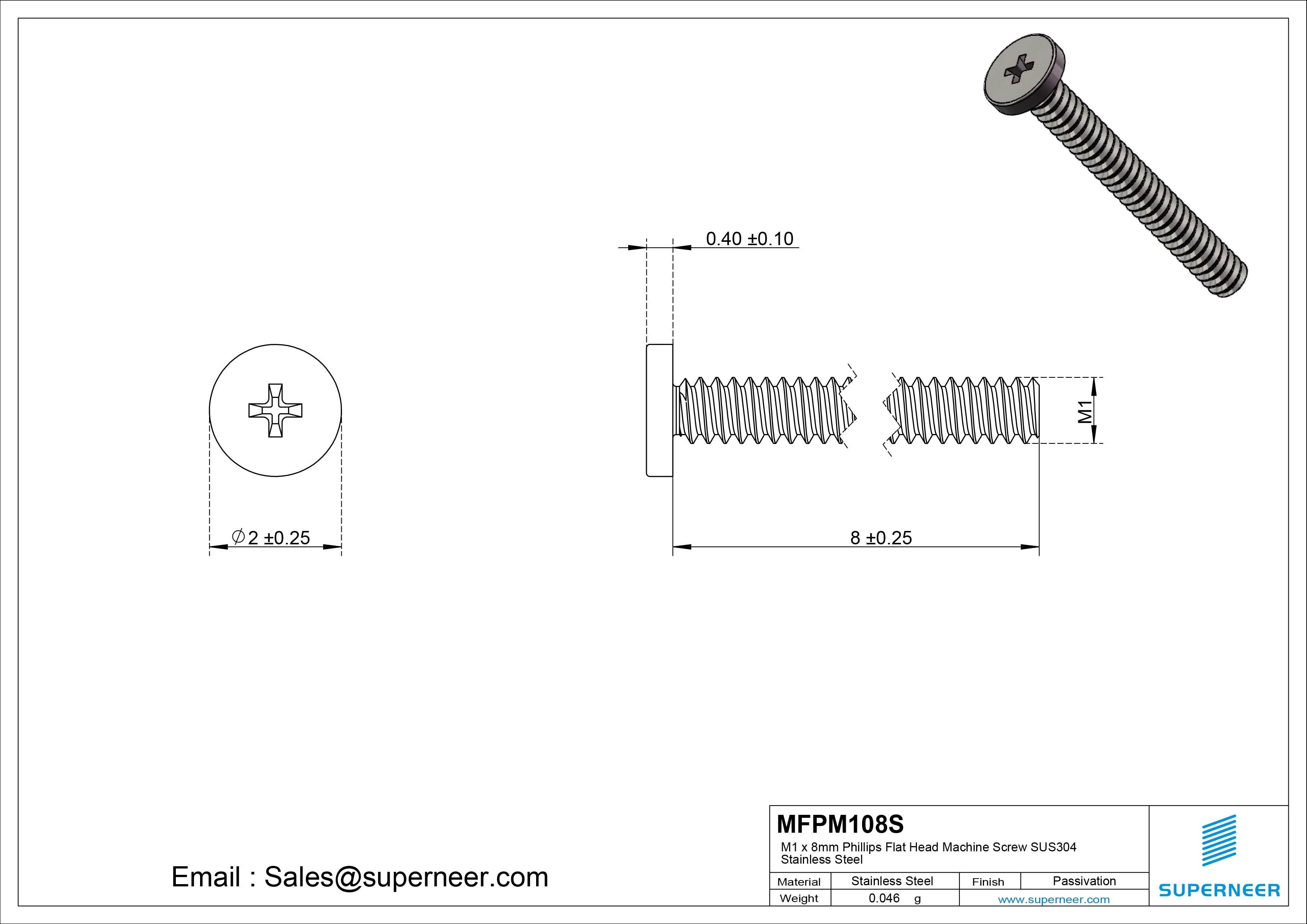 M1 x 8mm Phillips Flat Head Machine Screw SUS304 Stainless Steel 