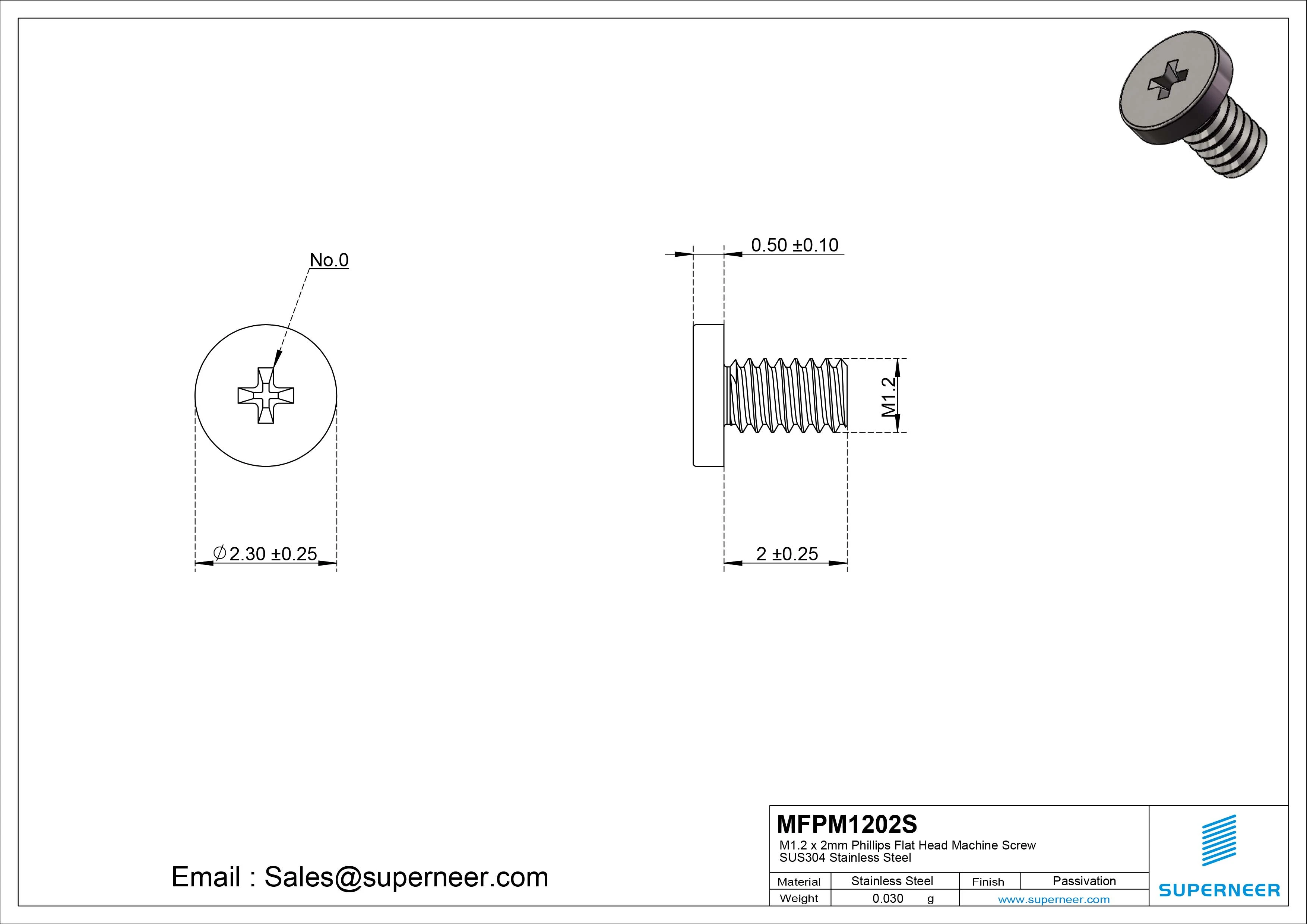 M1.2 x 2mm Phillips Flat Head Machine Screw SUS304 Stainless Steel 