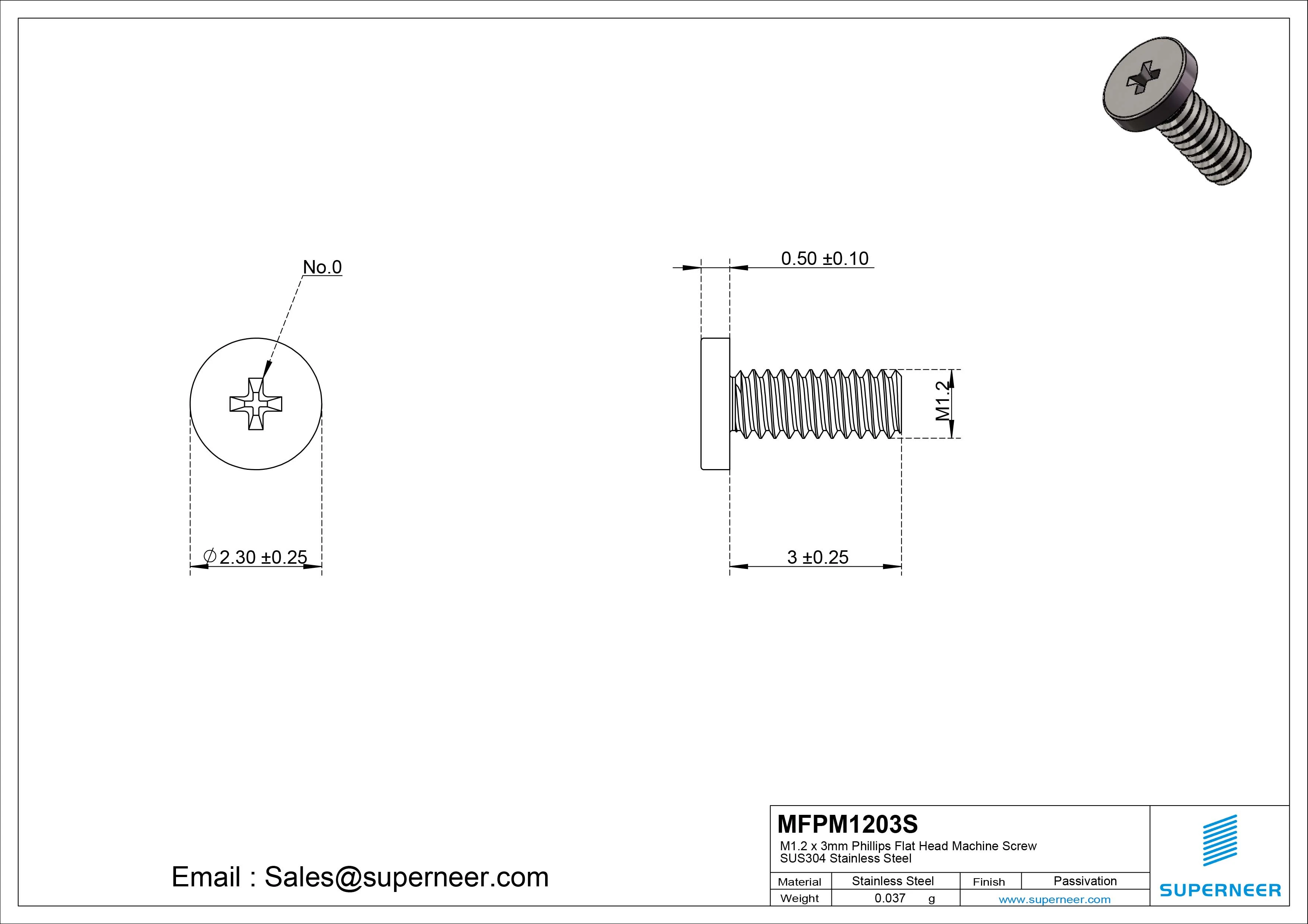 M1.2 x 3mm Phillips Flat Head Machine Screw SUS304 Stainless Steel 