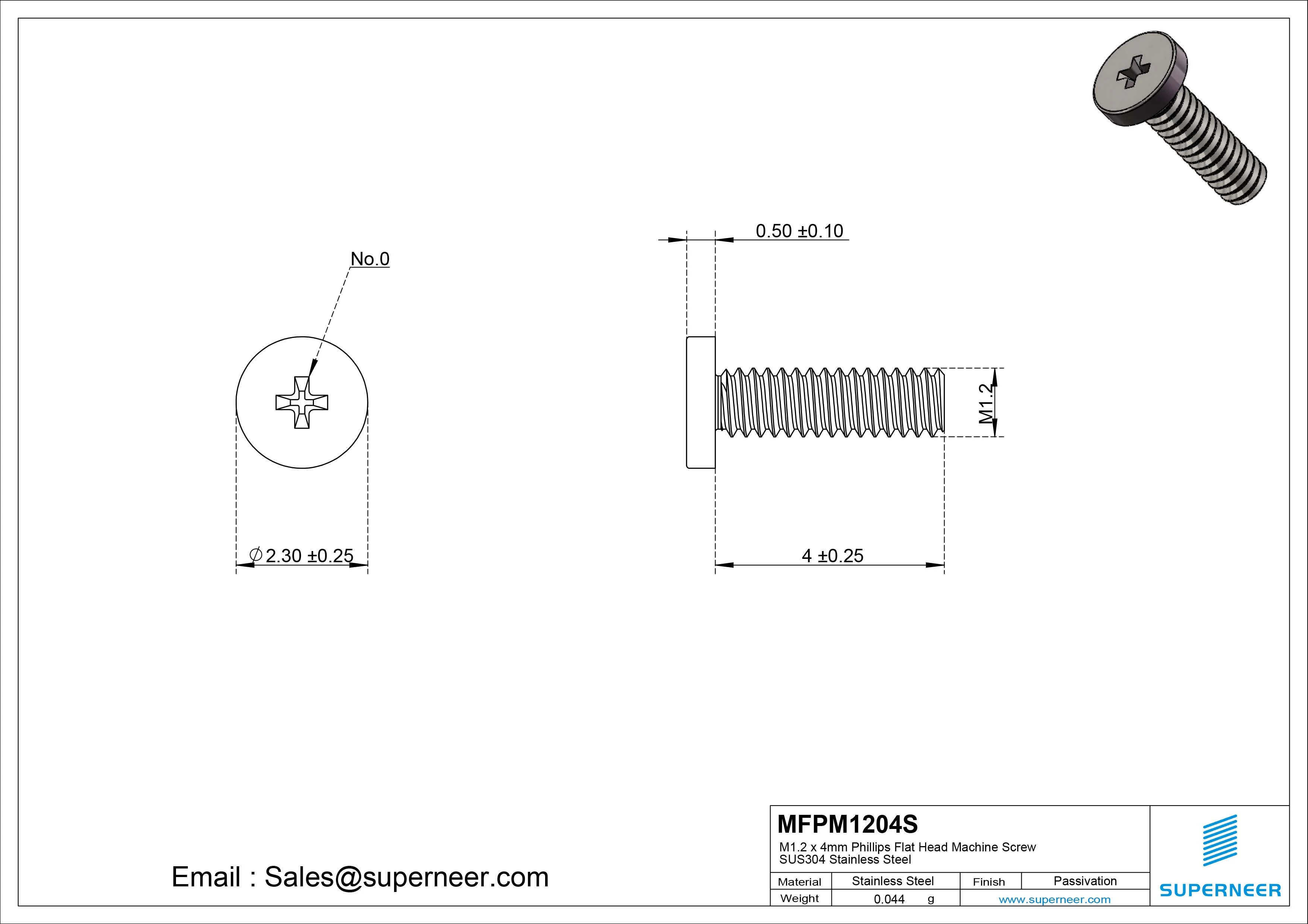 M1.2 x 4mm Phillips Flat Head Machine Screw SUS304 Stainless Steel 