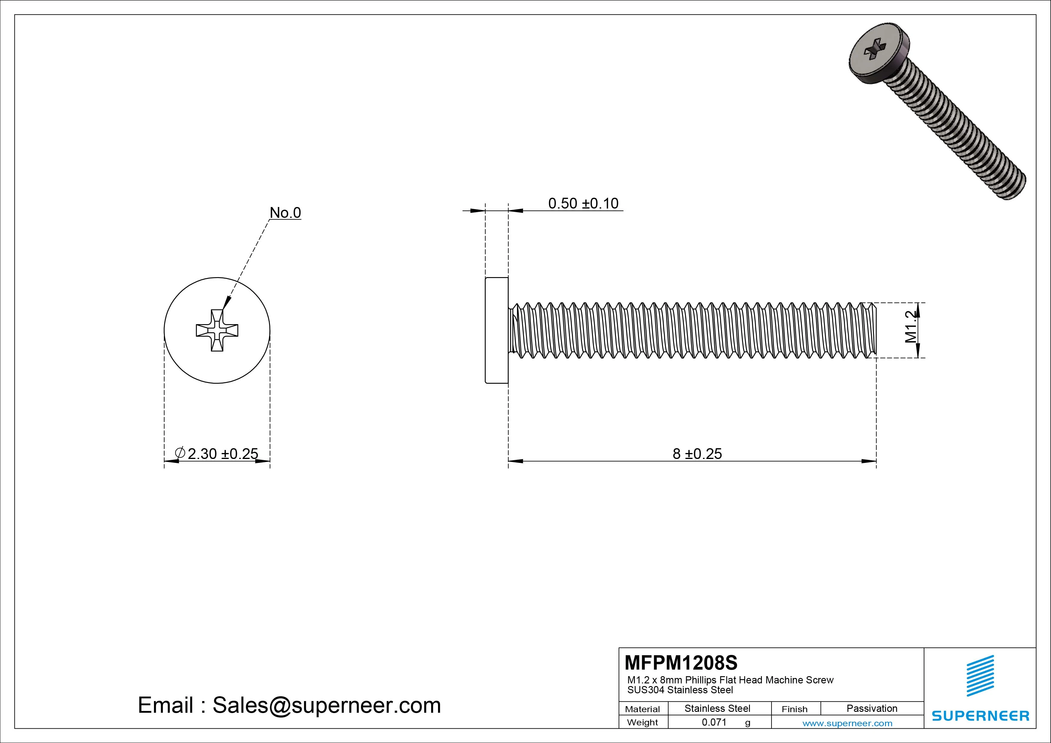 M1.2 x 8mm Phillips Flat Head Machine Screw SUS304 Stainless Steel 