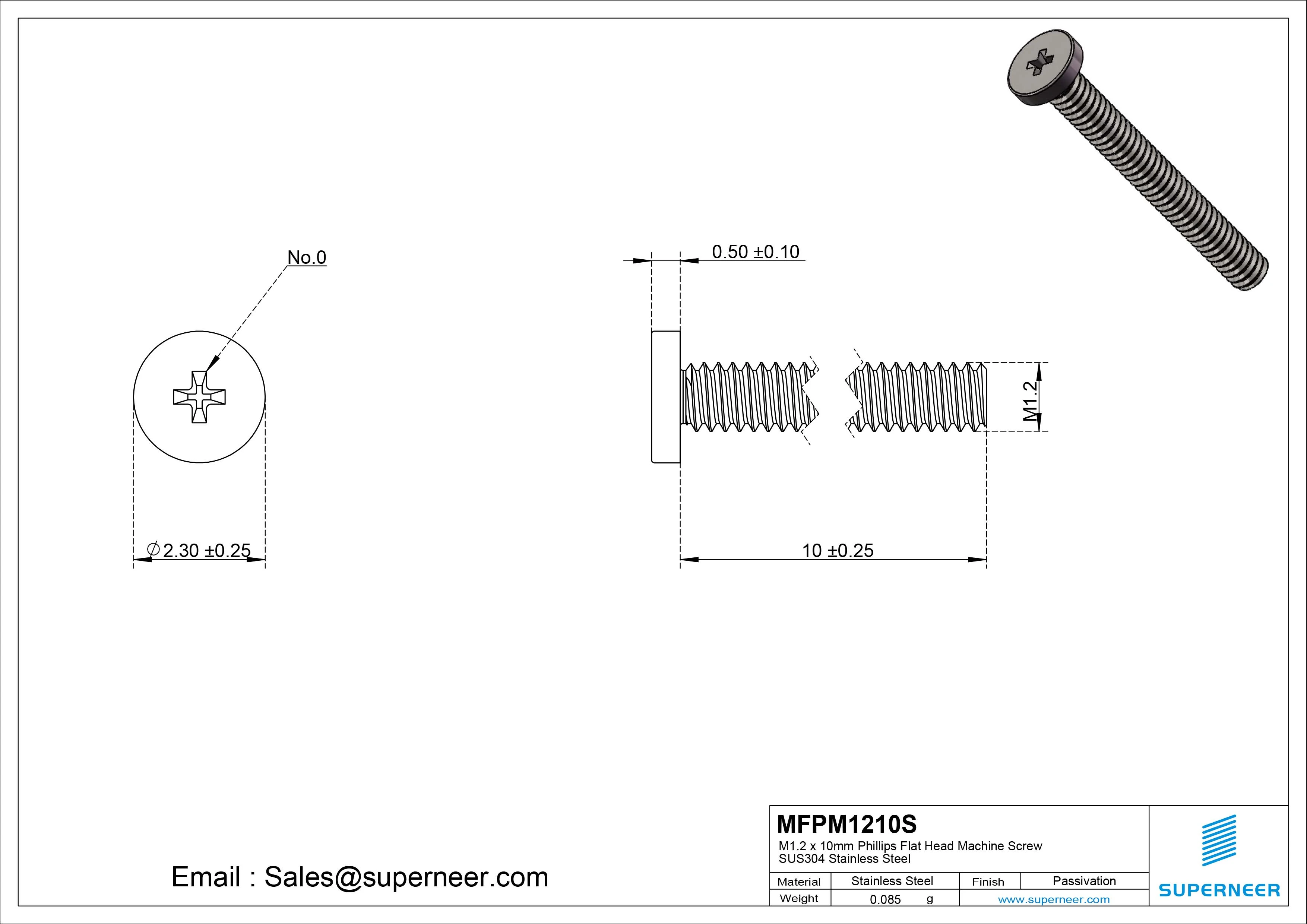 M1.2 x 10mm Phillips Flat Head Machine Screw SUS304 Stainless Steel 