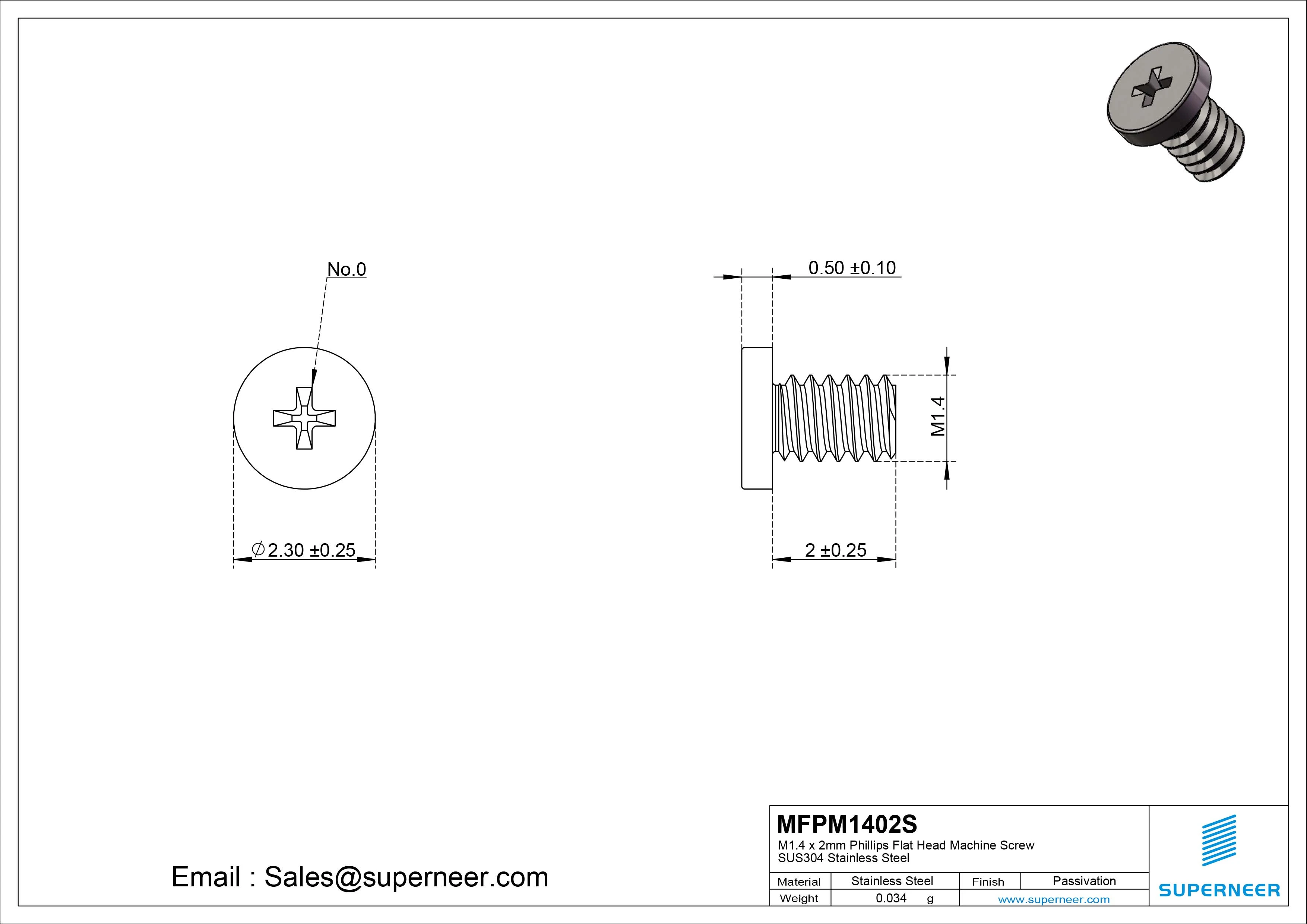 M1.4 x 2mm Phillips Flat Head Machine Screw SUS304 Stainless Steel 