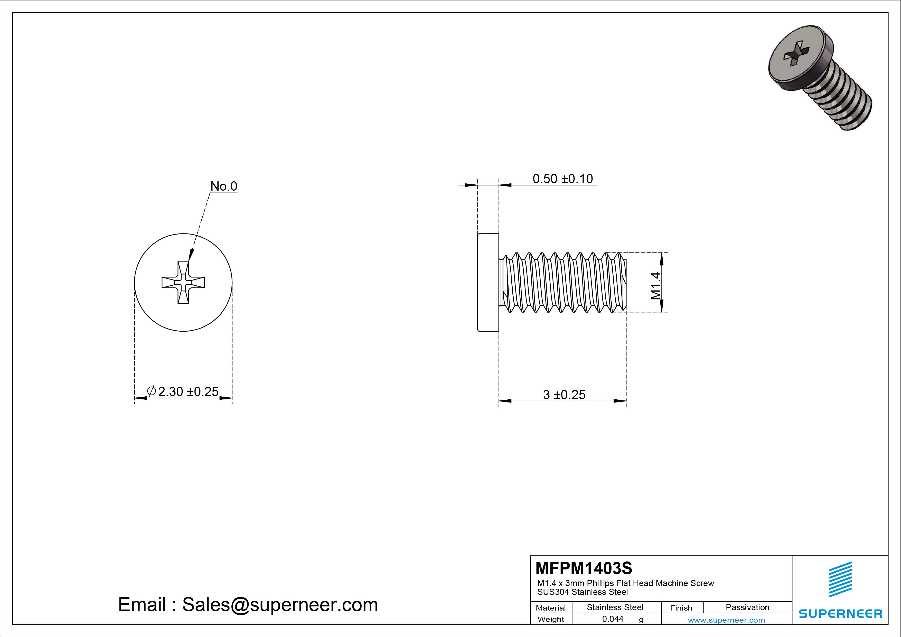 M1.4 x 3mm Phillips Flat Head Machine Screw SUS304 Stainless Steel 