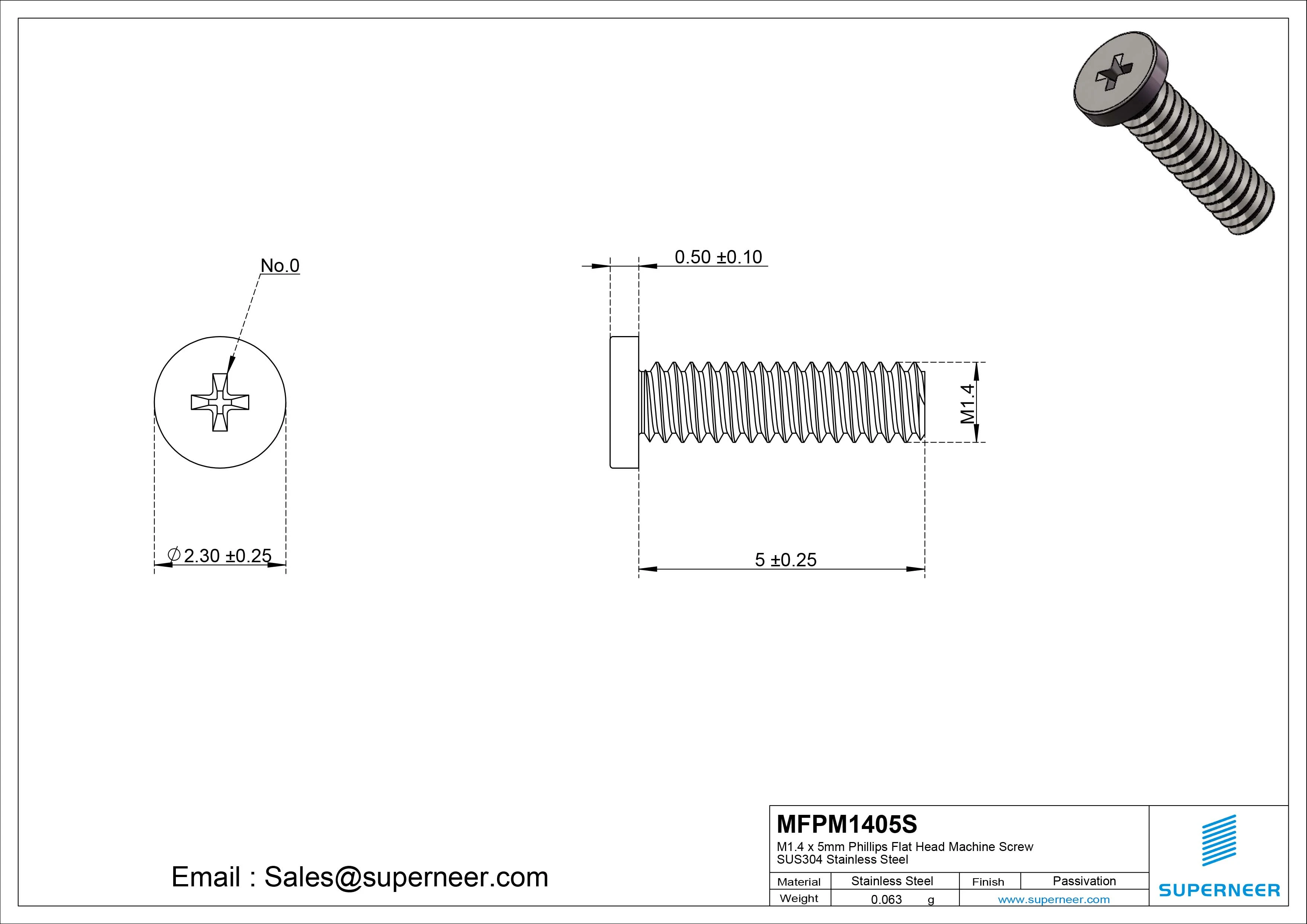 M1.4 x 5mm Phillips Flat Head Machine Screw SUS304 Stainless Steel 