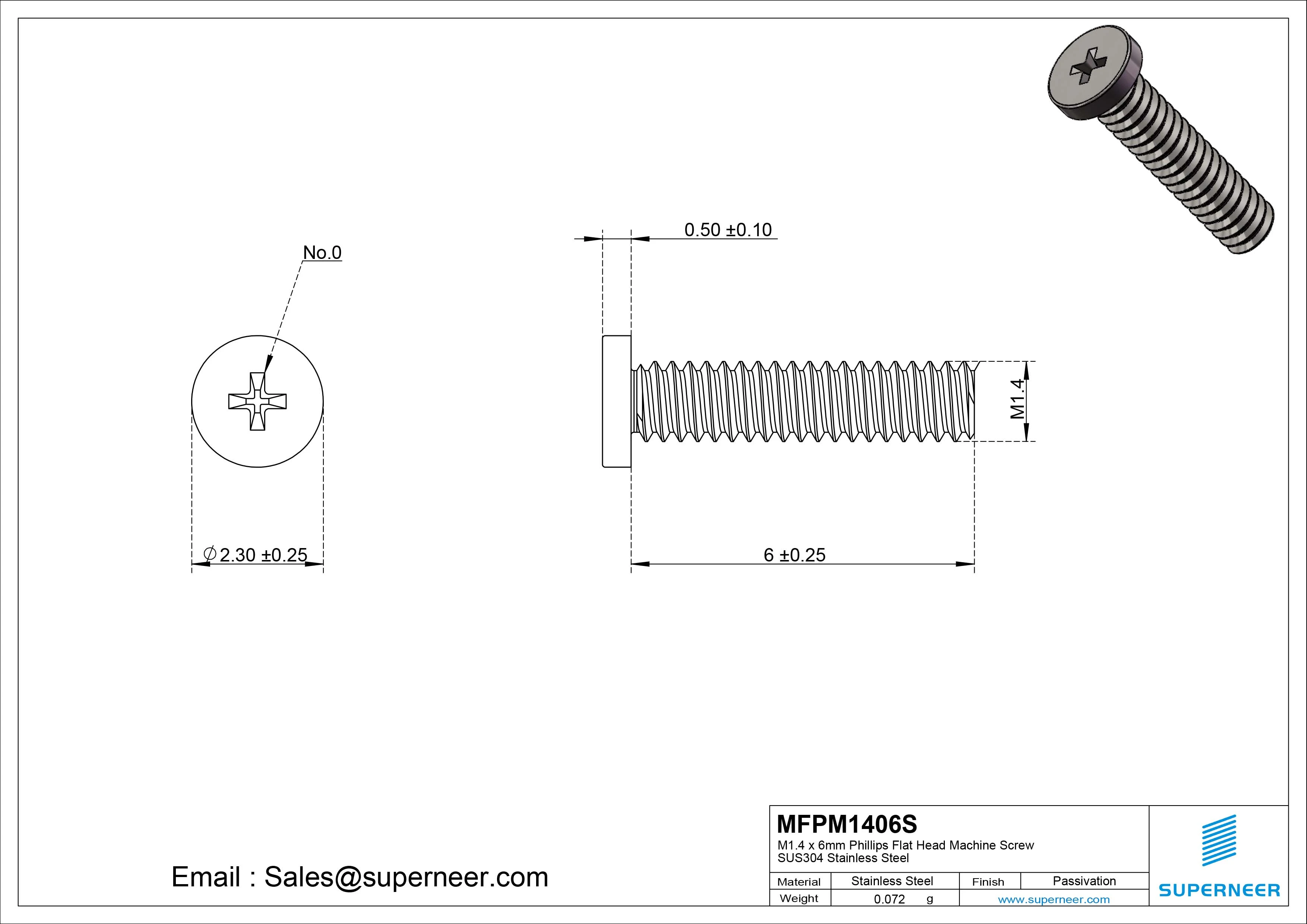 M1.4 x 6mm Phillips Flat Head Machine Screw SUS304 Stainless Steel 