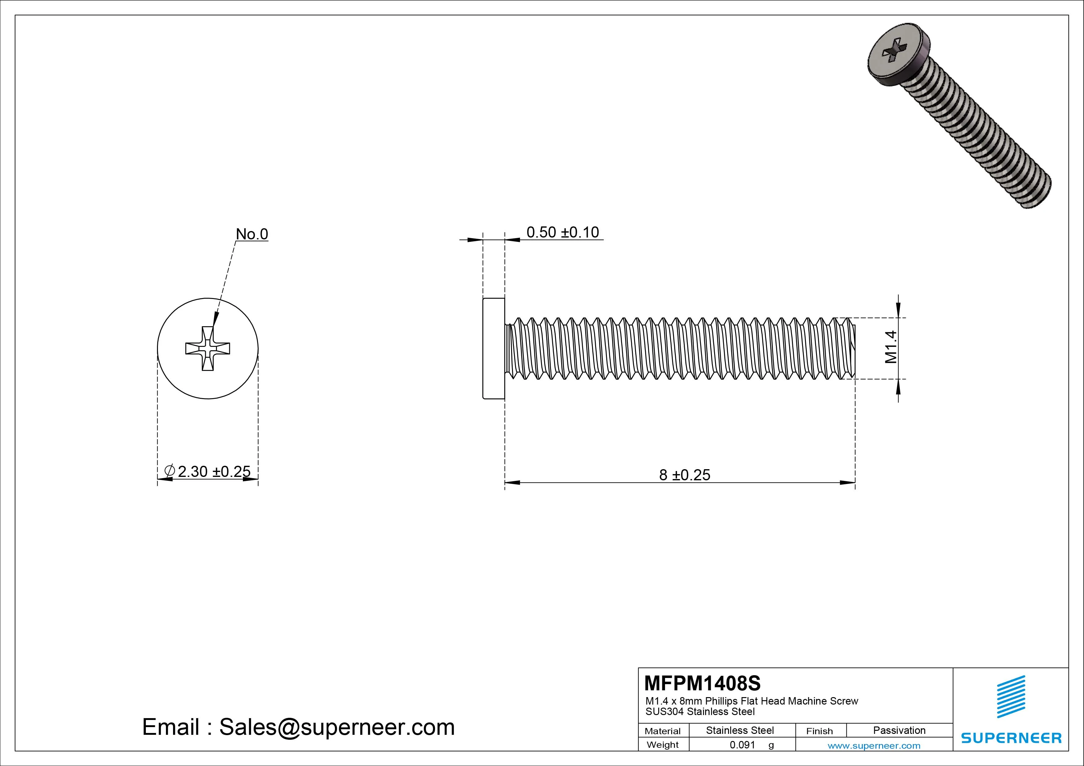 M1.4 x 8mm Phillips Flat Head Machine Screw SUS304 Stainless Steel 