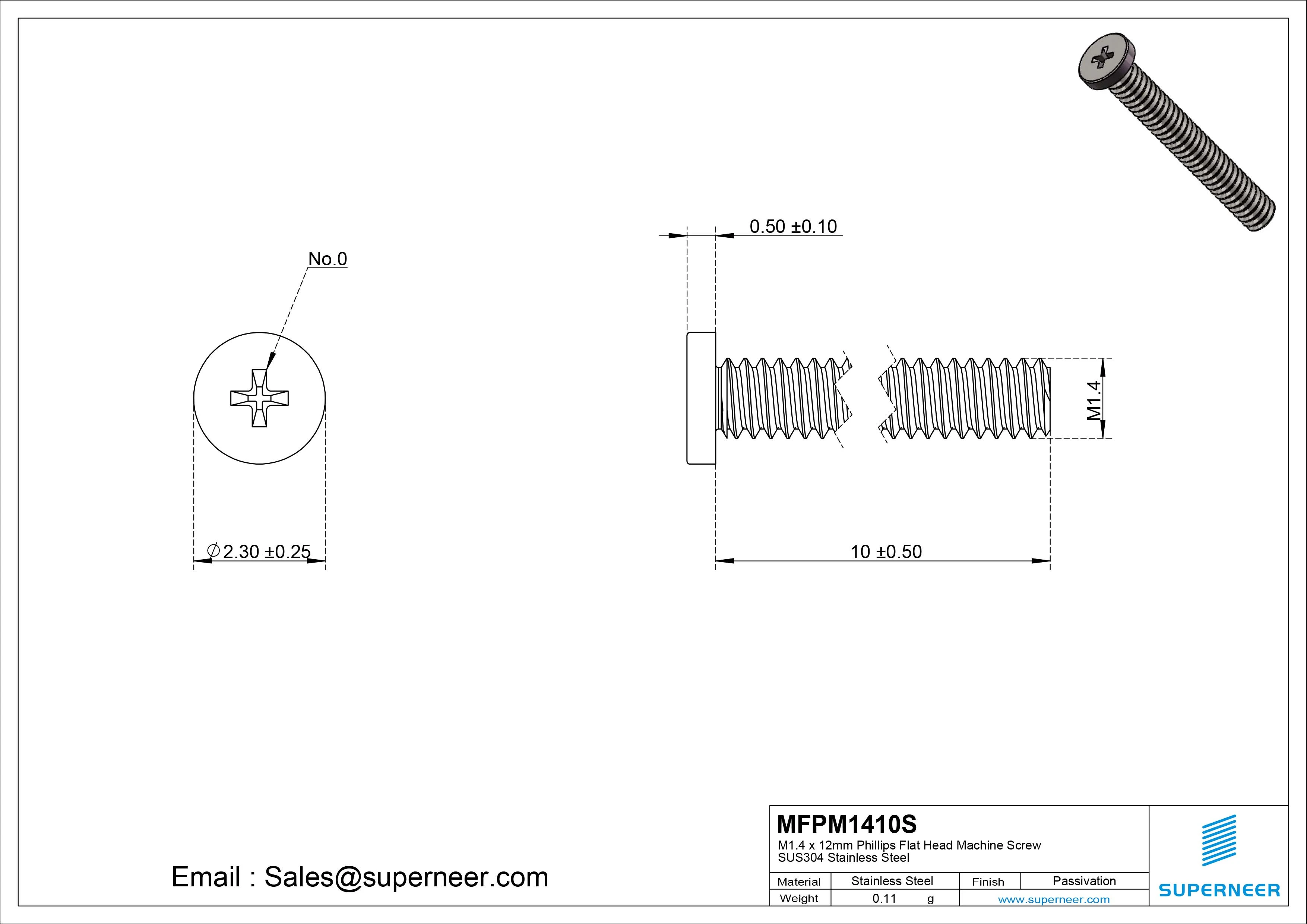 M1.4 x 10mm Phillips Flat Head Machine Screw SUS304 Stainless Steel 