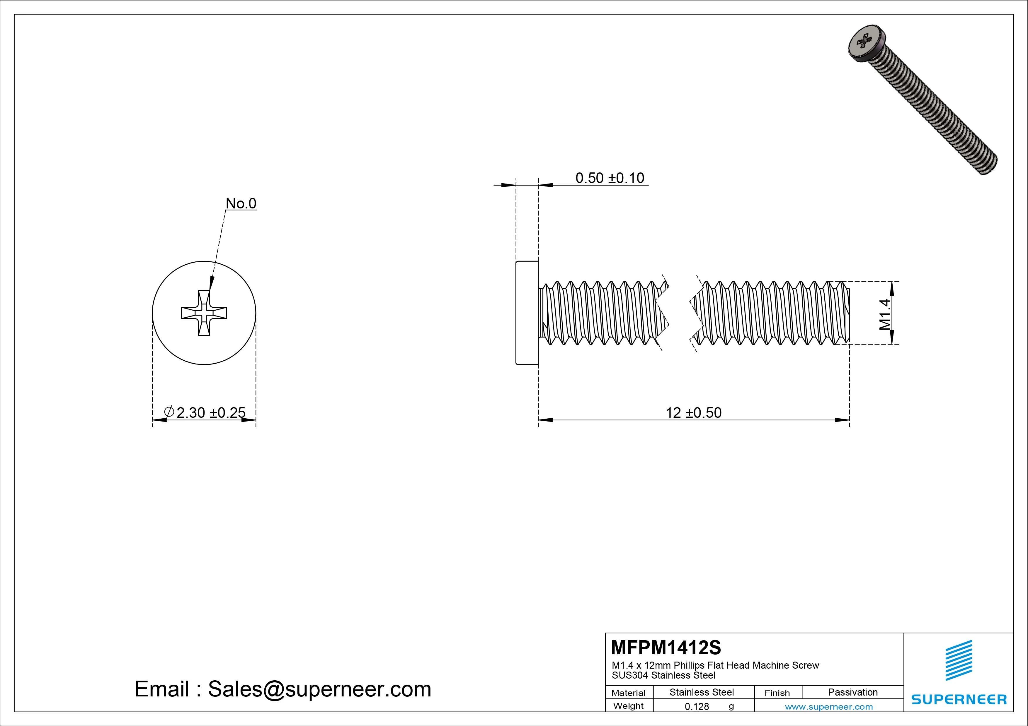 M1.4 x 12mm Phillips Flat Head Machine Screw SUS304 Stainless Steel 