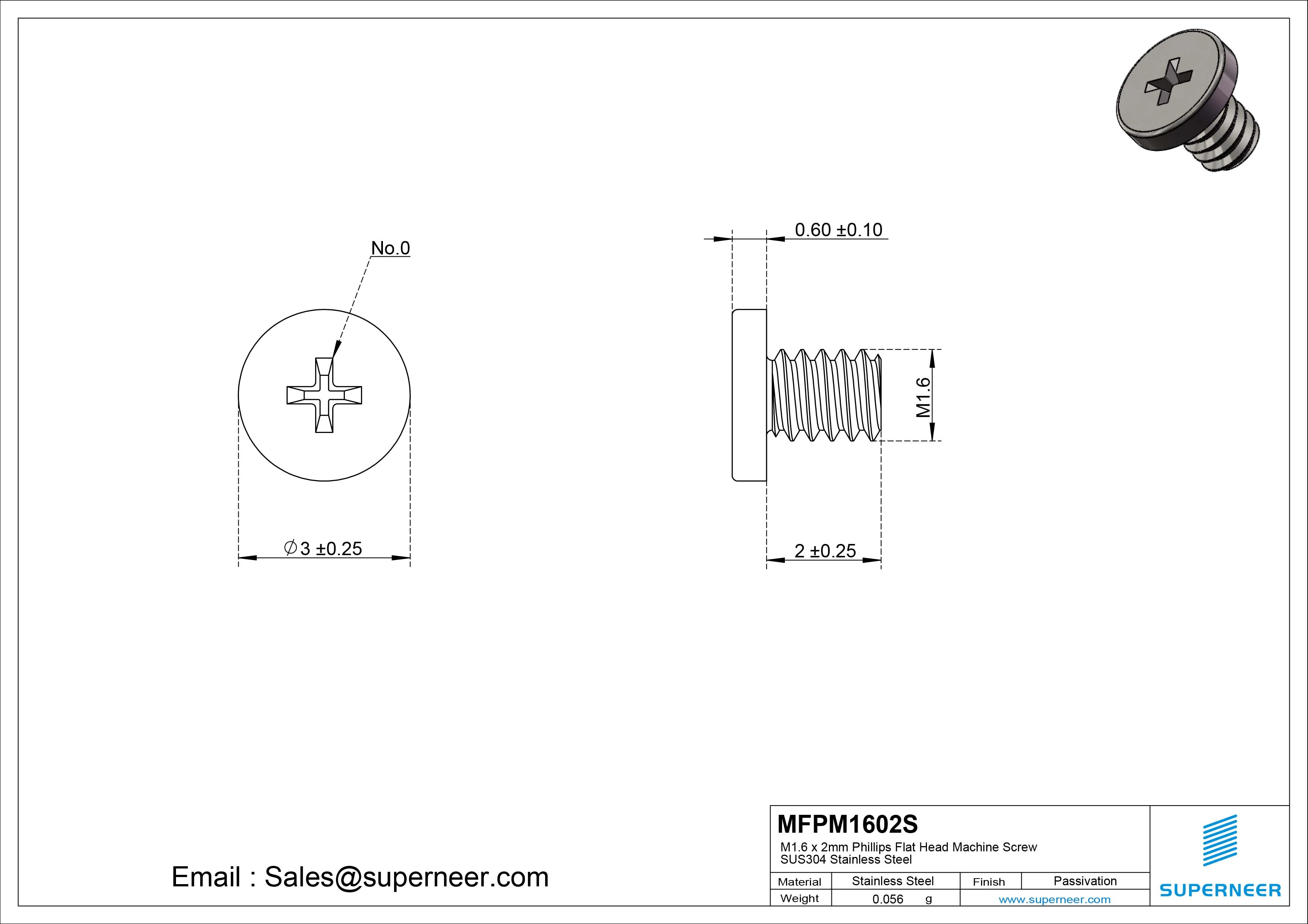 M1.6 x 2mm Phillips Flat Head Machine Screw SUS304 Stainless Steel 