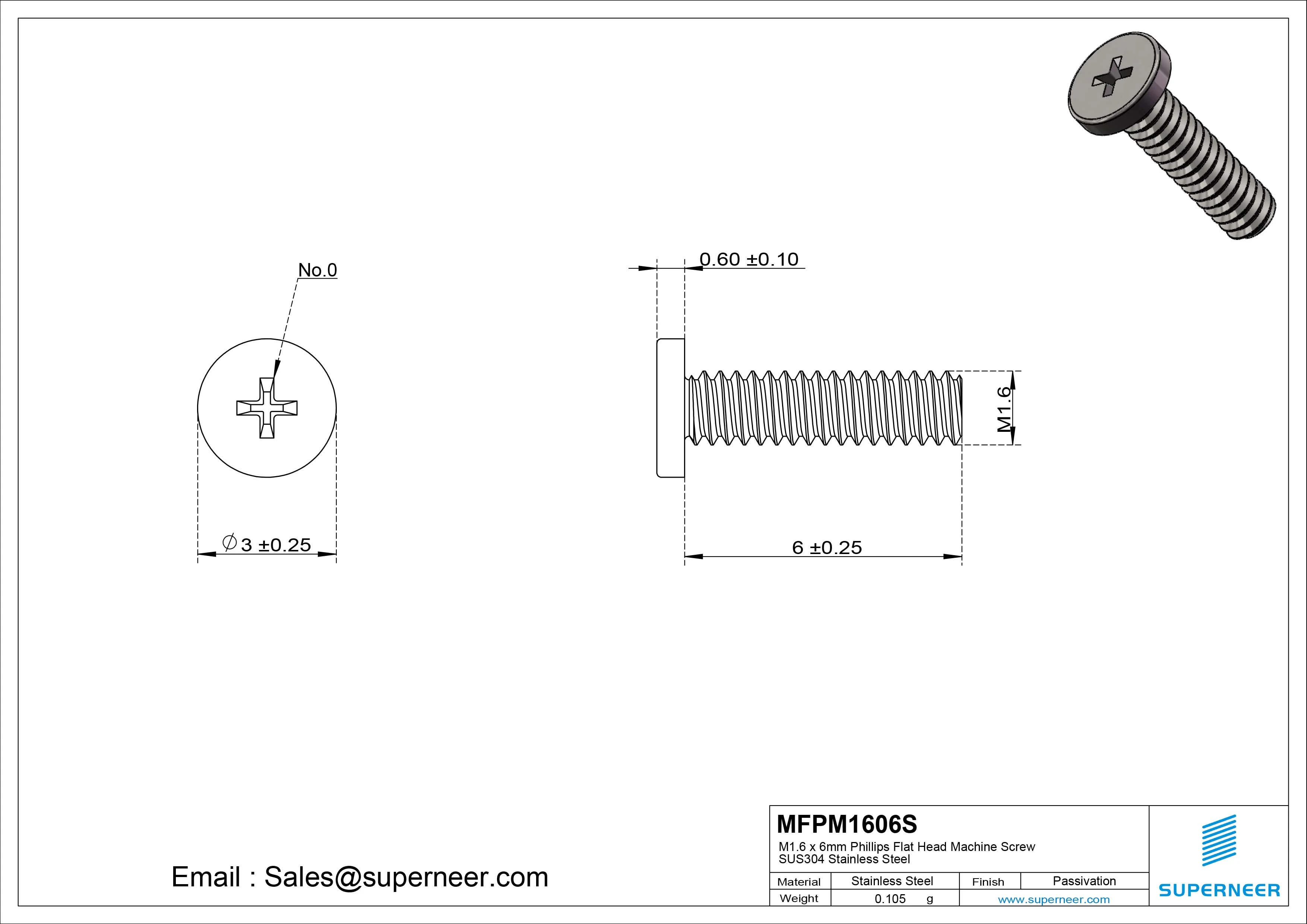 M1.6 x 6mm Phillips Flat Head Machine Screw SUS304 Stainless Steel 