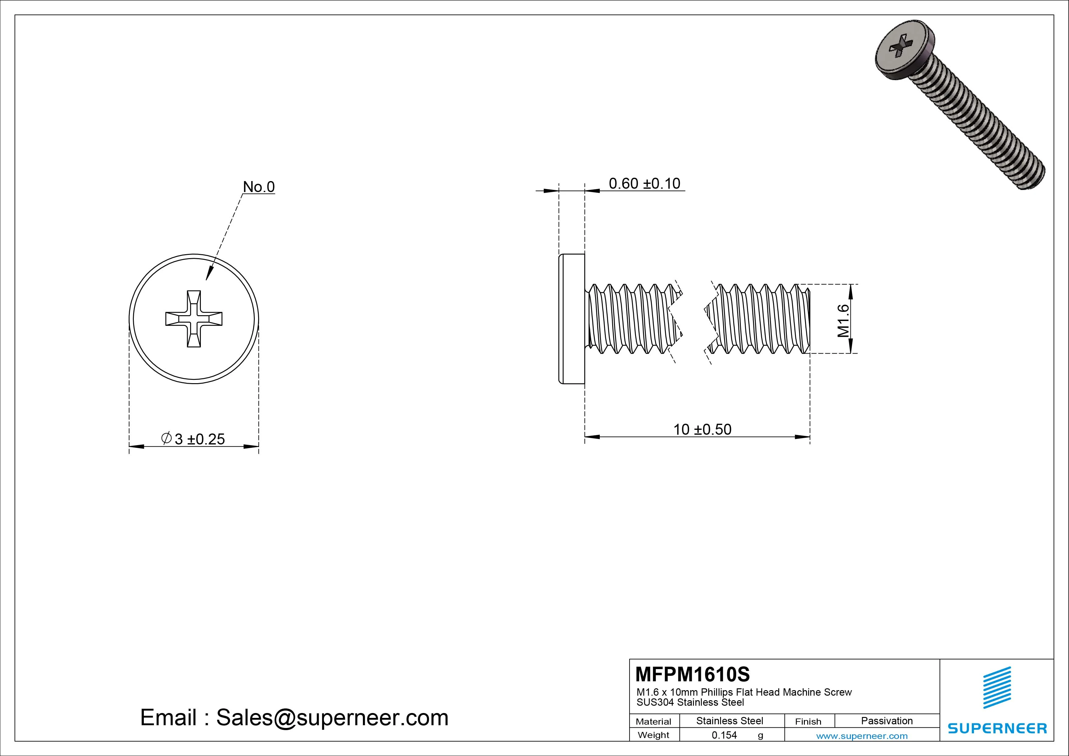 M1.6 x 10mm Phillips Flat Head Machine Screw SUS304 Stainless Steel 