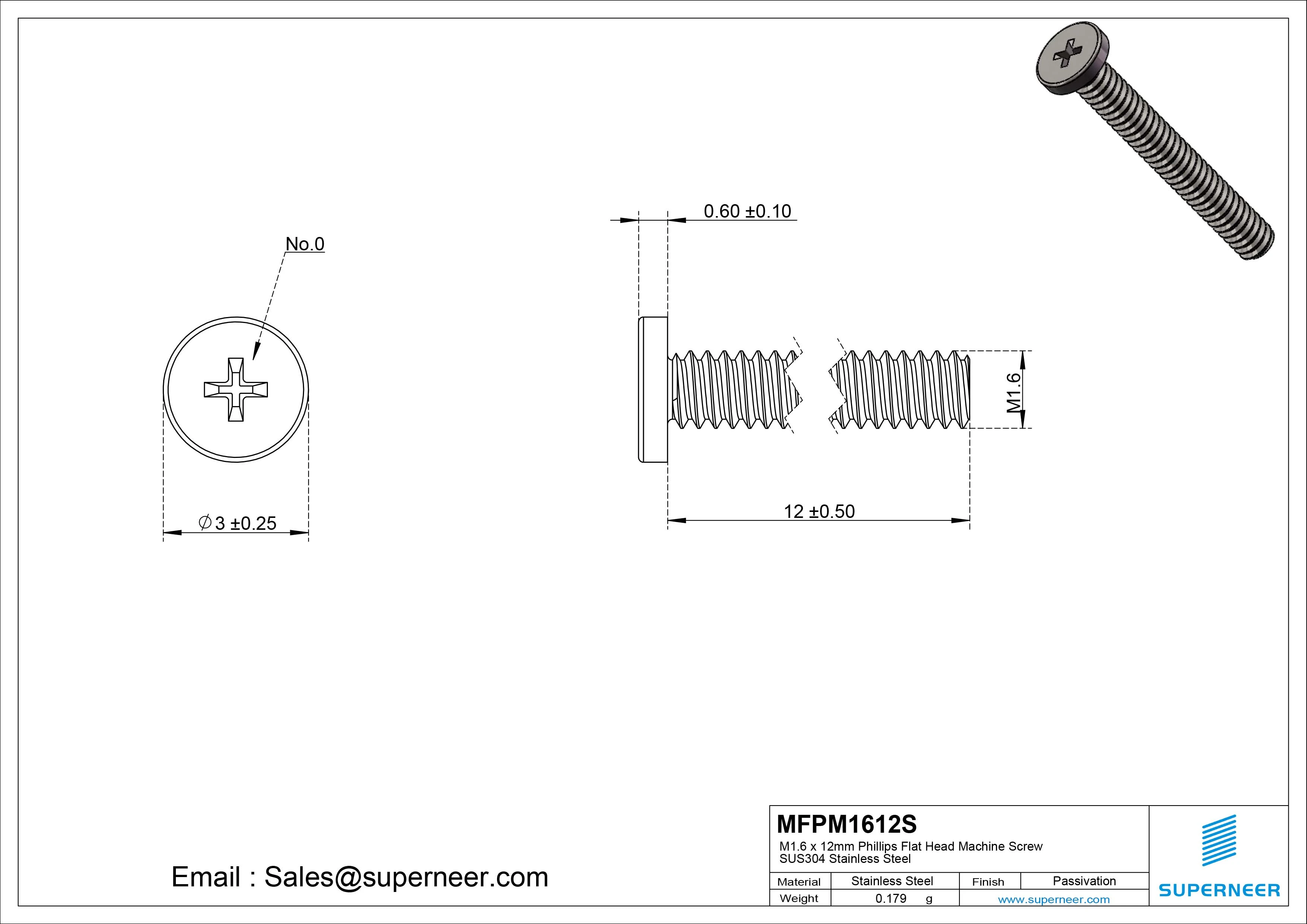 M1.6 x 12mm Phillips Flat Head Machine Screw SUS304 Stainless Steel 
