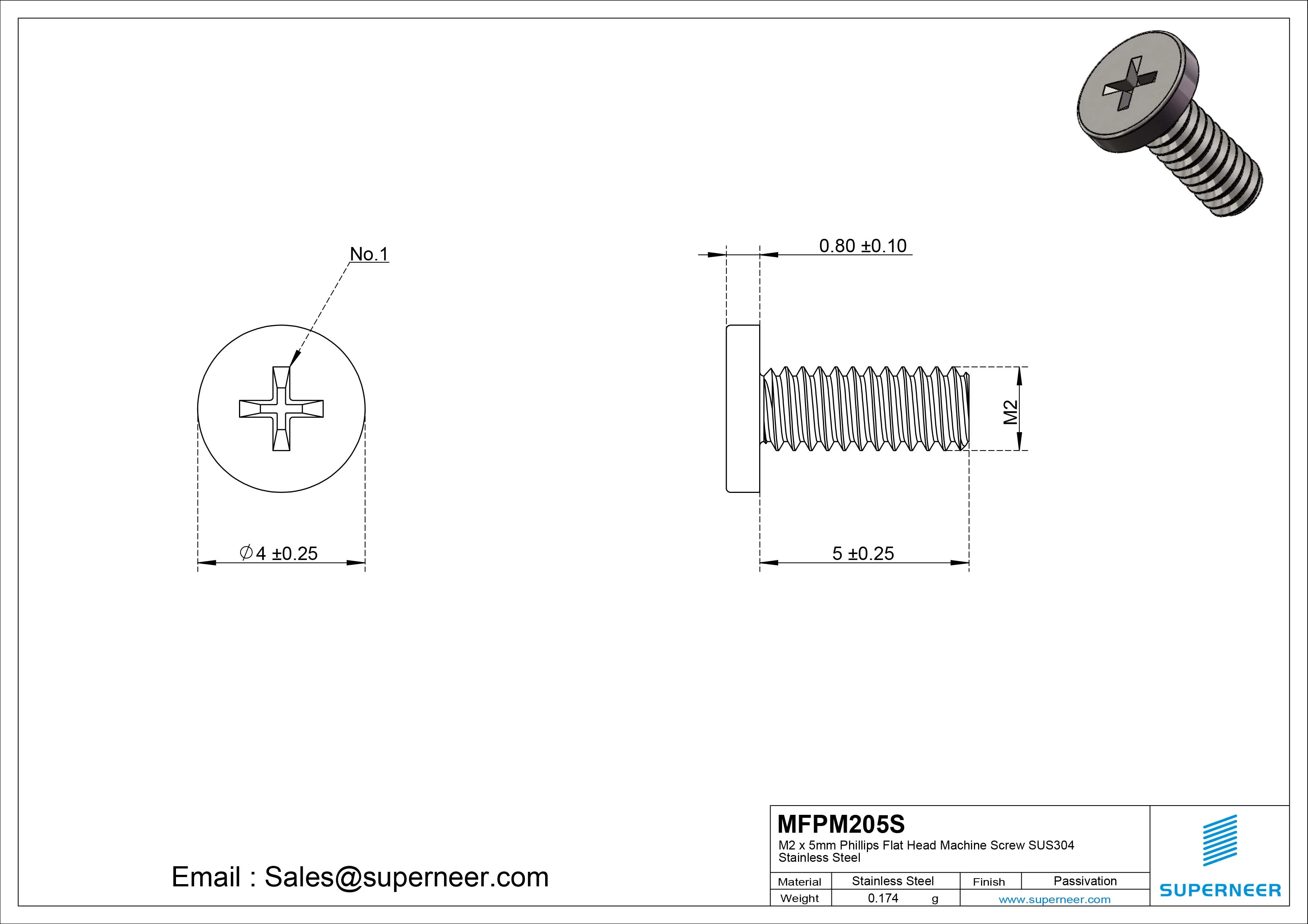 M2 x 5mm Phillips Flat Head Machine Screw SUS304 Stainless Steel 
