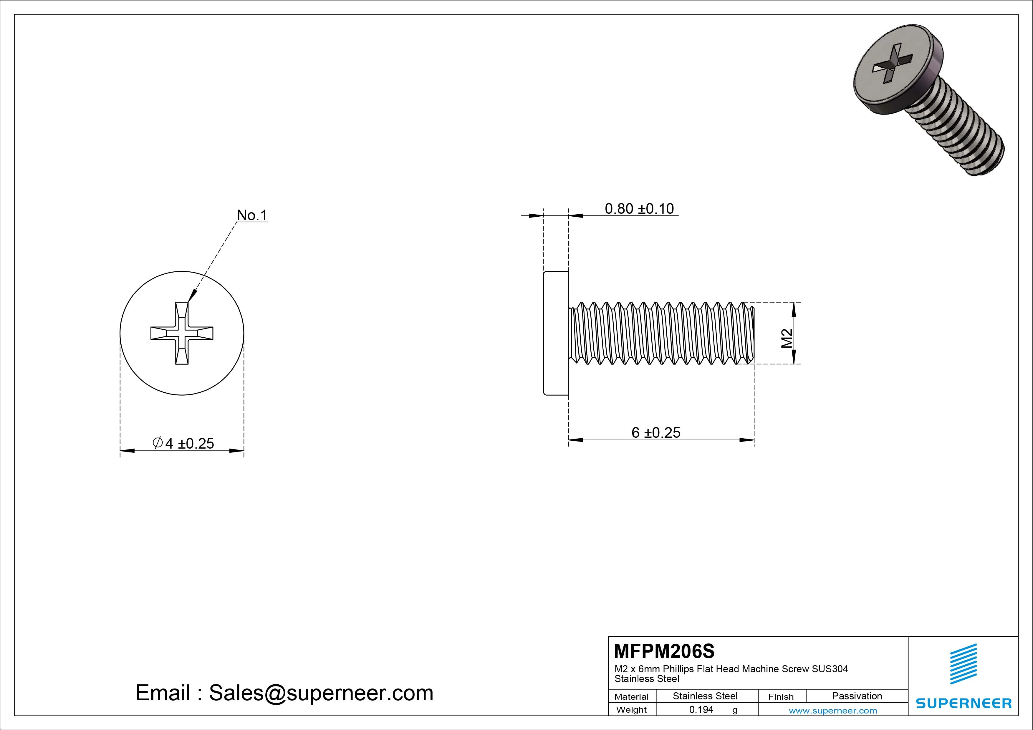 M2 x 6mm Phillips Flat Head Machine Screw SUS304 Stainless Steel 