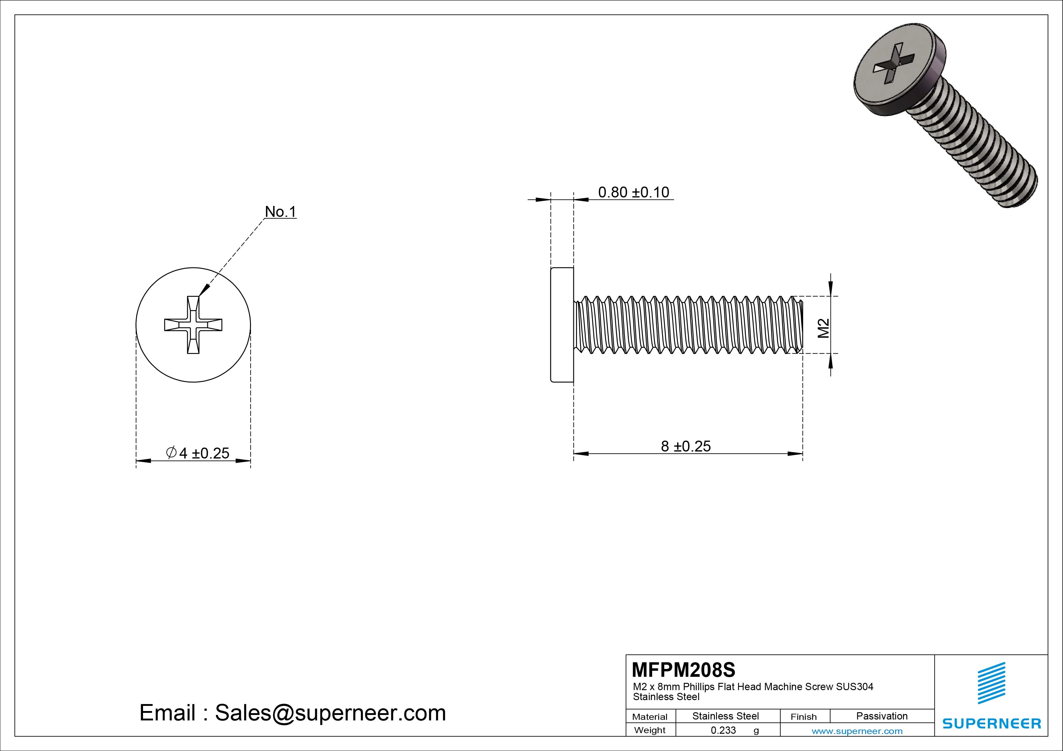 M2 x 8mm Phillips Flat Head Machine Screw SUS304 Stainless Steel 