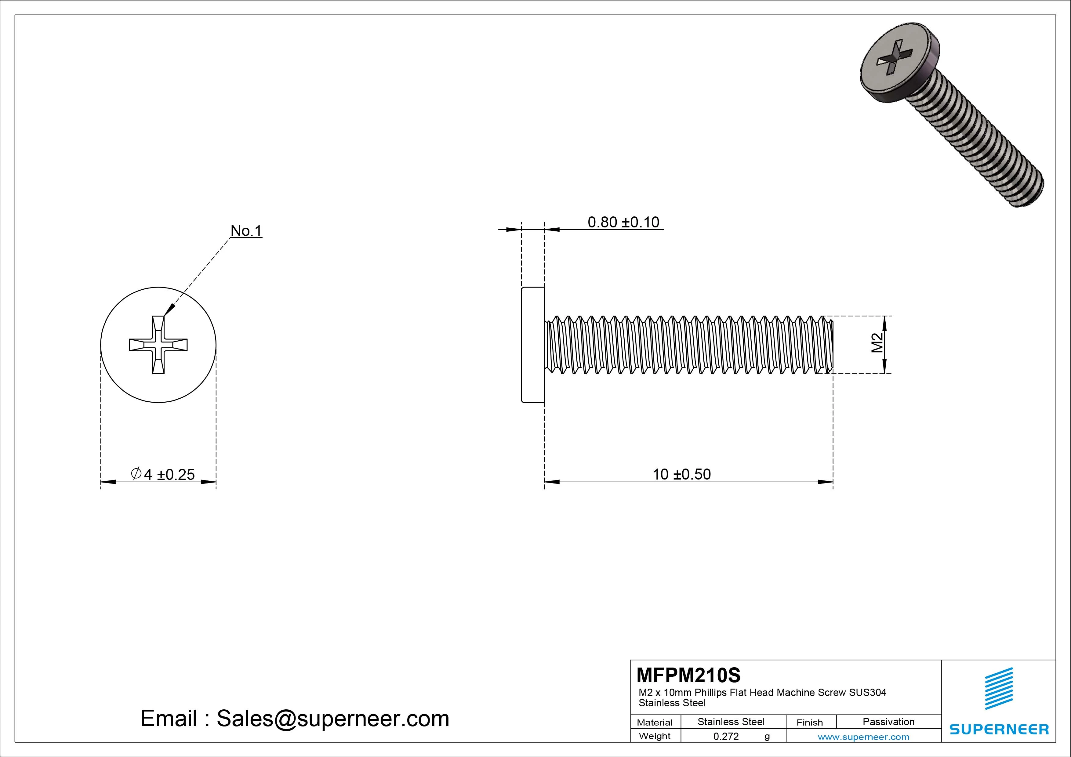 M2 x 10mm Phillips Flat Head Machine Screw SUS304 Stainless Steel 
