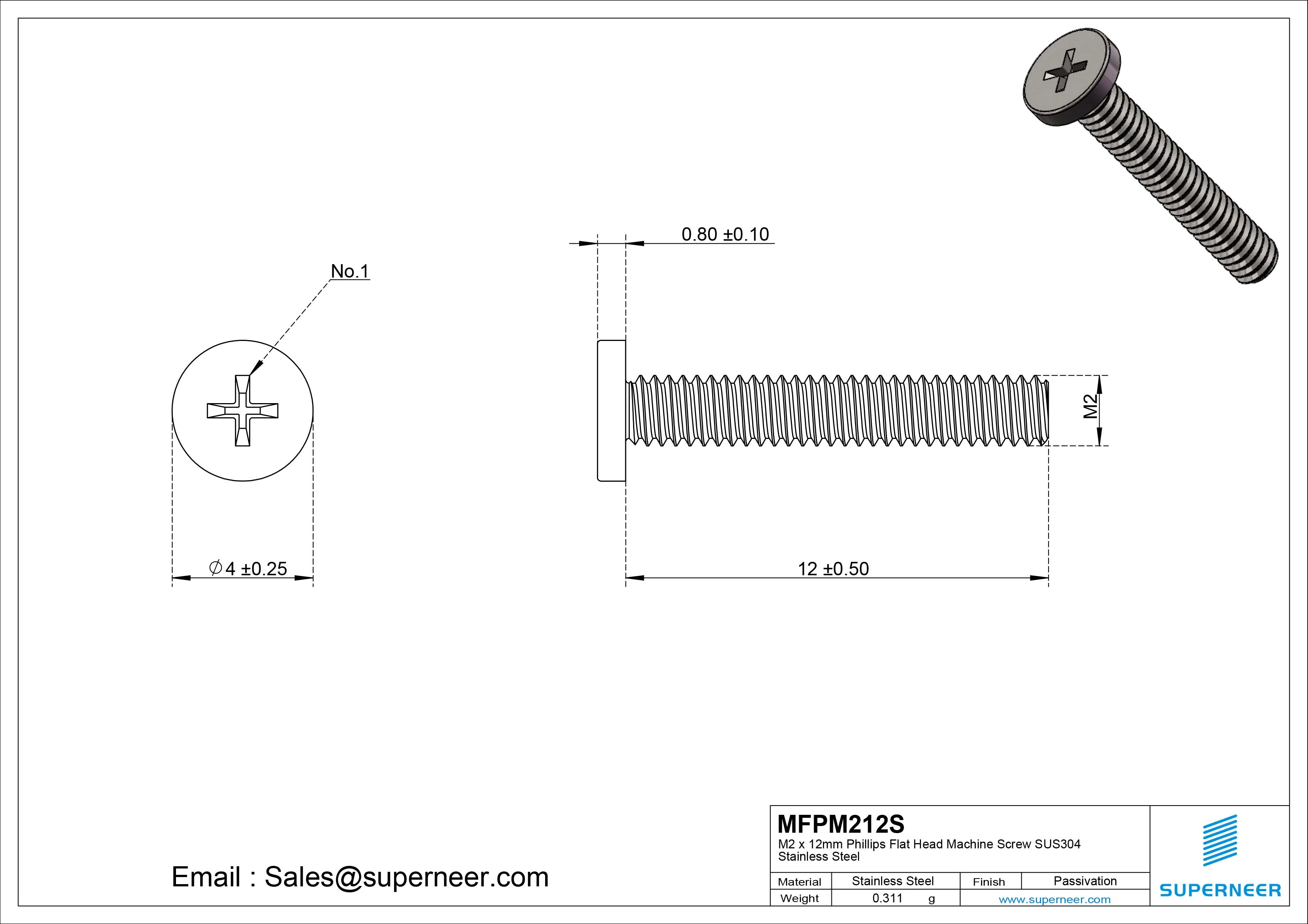 M2 x 12mm Phillips Flat Head Machine Screw SUS304 Stainless Steel 