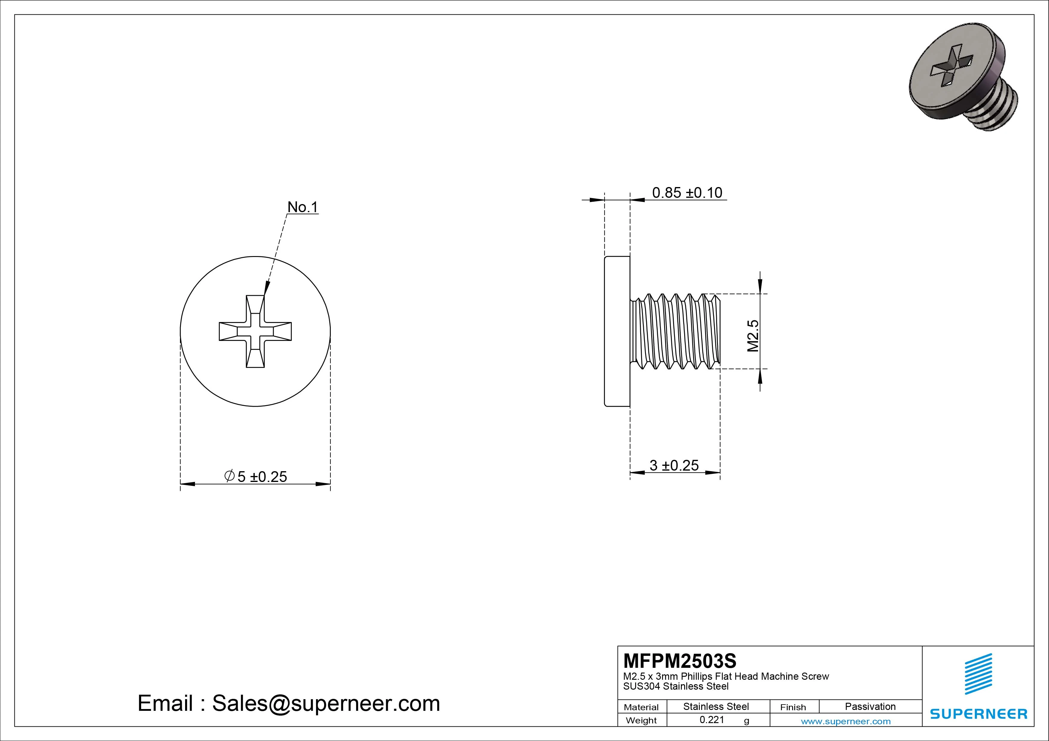 M2.5 x 3mm Phillips Flat Head Machine Screw SUS304 Stainless Steel 