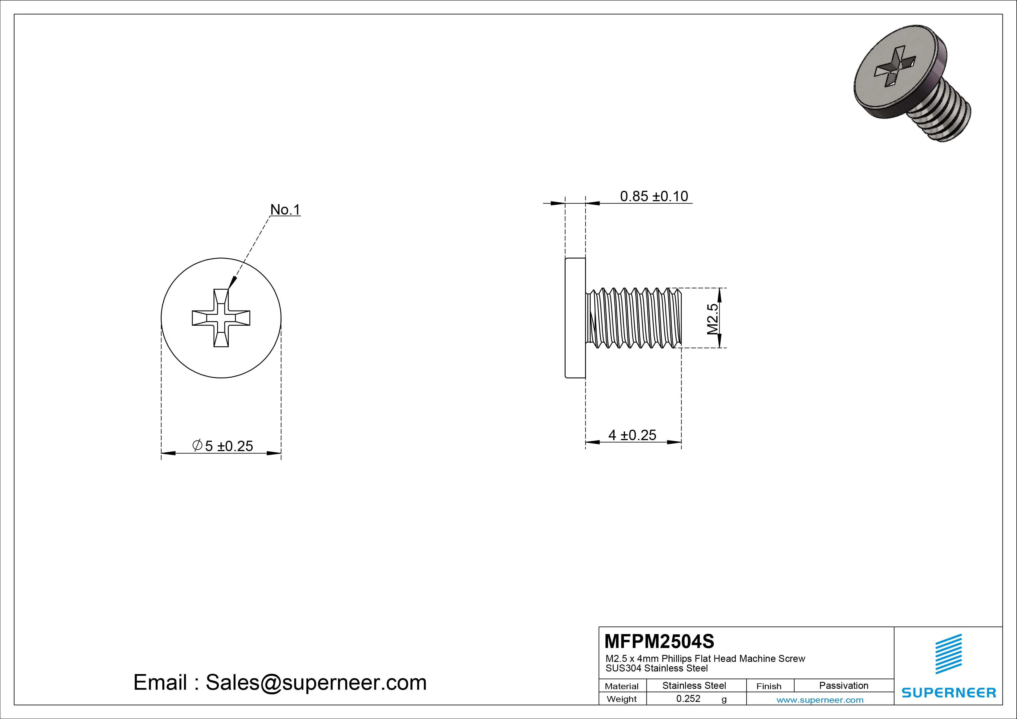 M2.5 x 4mm Phillips Flat Head Machine Screw SUS304 Stainless Steel 