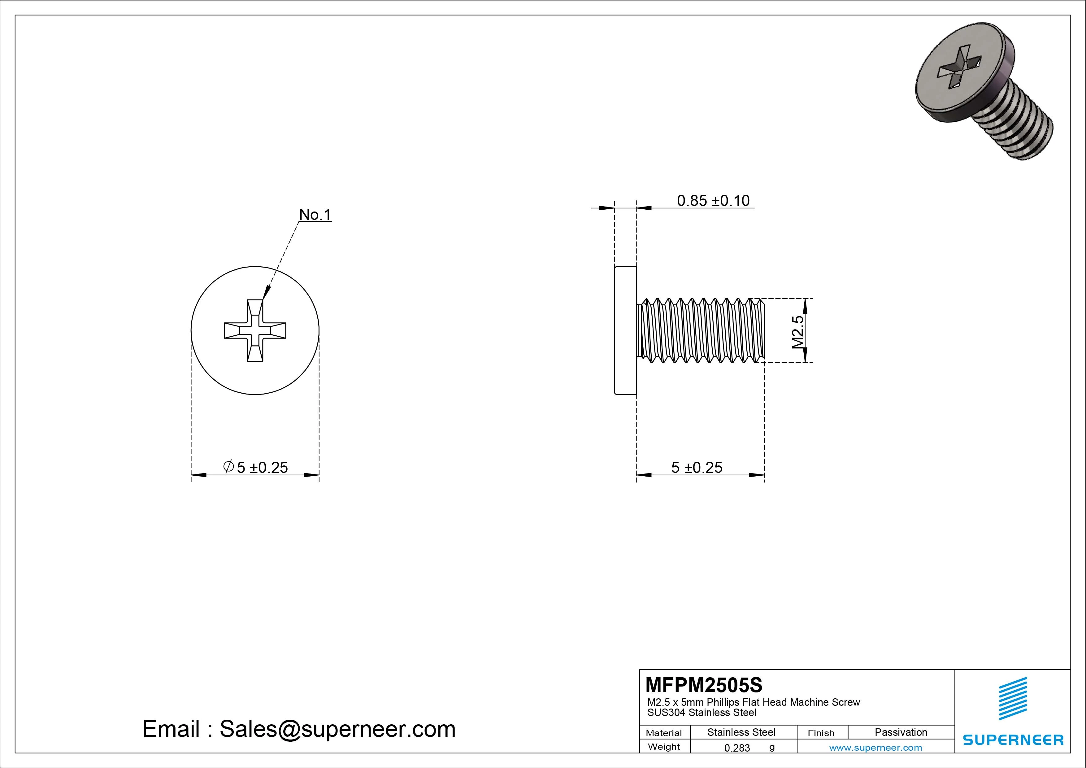 M2.5 x 5mm Phillips Flat Head Machine Screw SUS304 Stainless Steel 